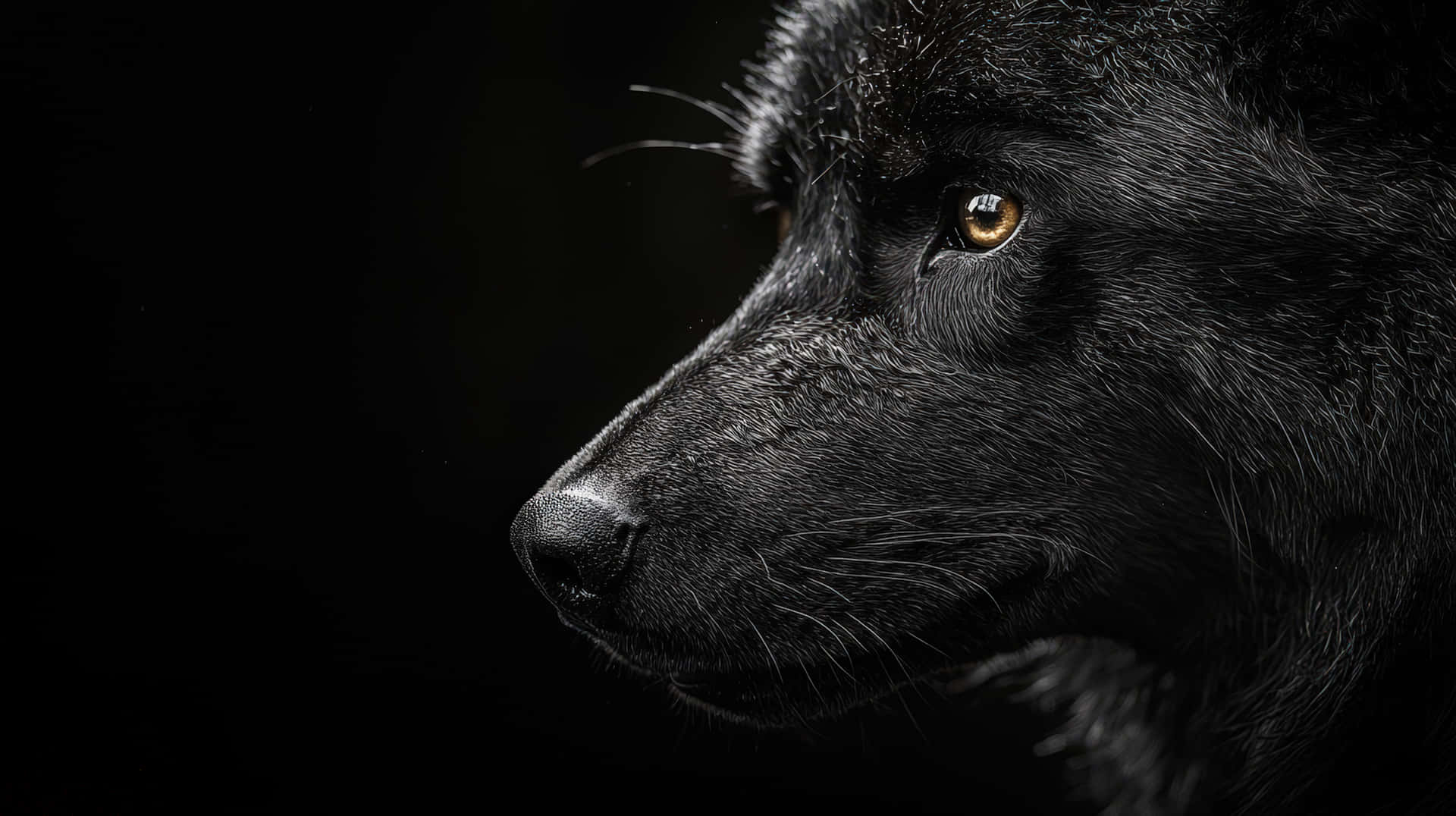 Close-Up of a Black Wolf's Face with Intense Golden Eyes 壁紙 — 一隻黑狗側面的特寫，金色眼睛，背景黑暗。