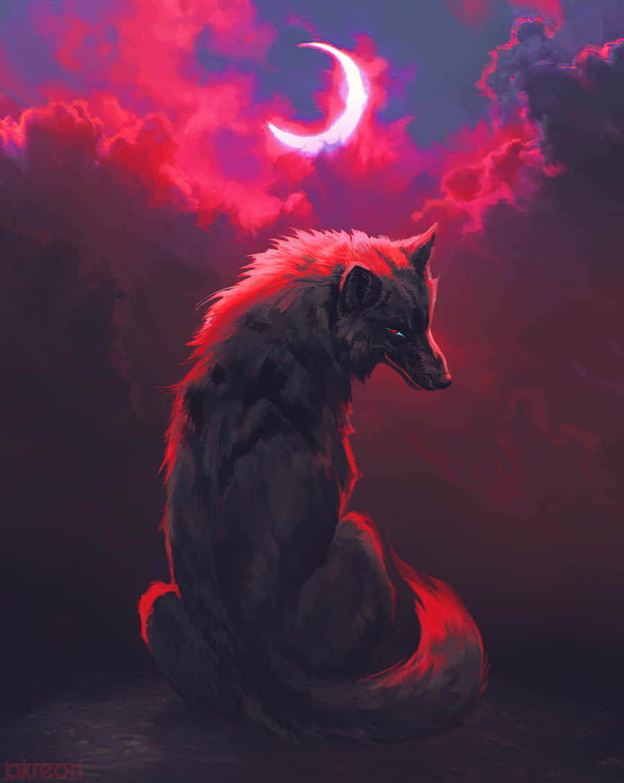 Dogs 桌布 壁紙 — 一隻黑狼，眼睛發出紅光，坐在新月下，周圍是火紅的雲彩，一幅戲劇性的數位畫作。