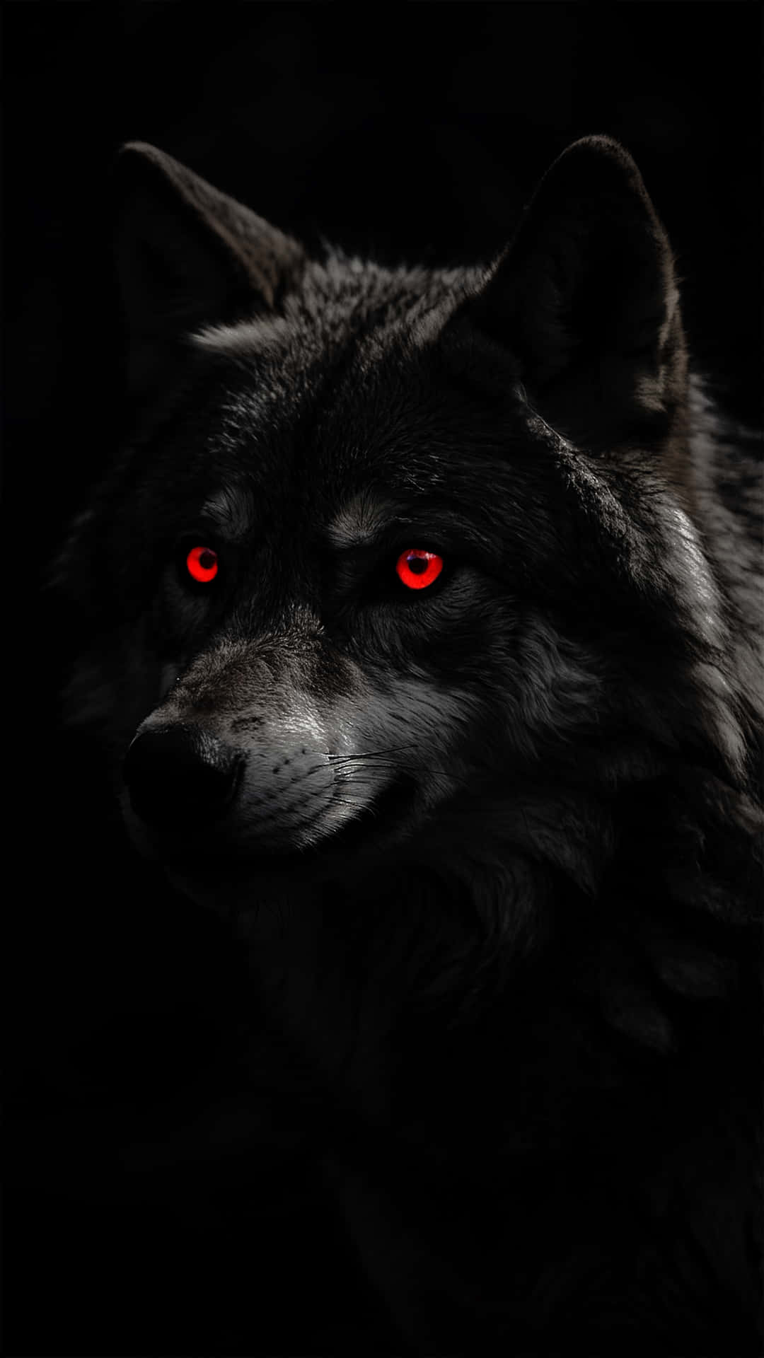 Glowing Red Eyes Wolf 4K Wallpaper 壁紙 — 一隻黑狼的特寫，眼睛發出紅光，在漆黑的背景下強烈地凝視。