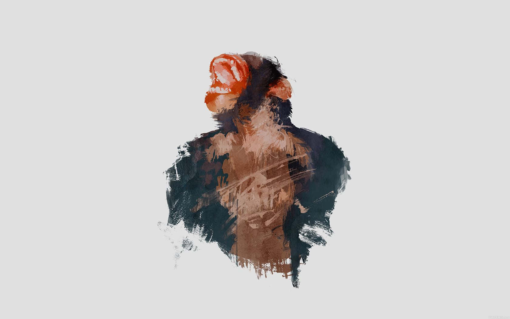 Minimal Art 桌布 壁紙 — 一隻黑猩猩的風格化插圖，擁有鮮豔的橙色面孔和深色毛髮，背景為純淺灰色。