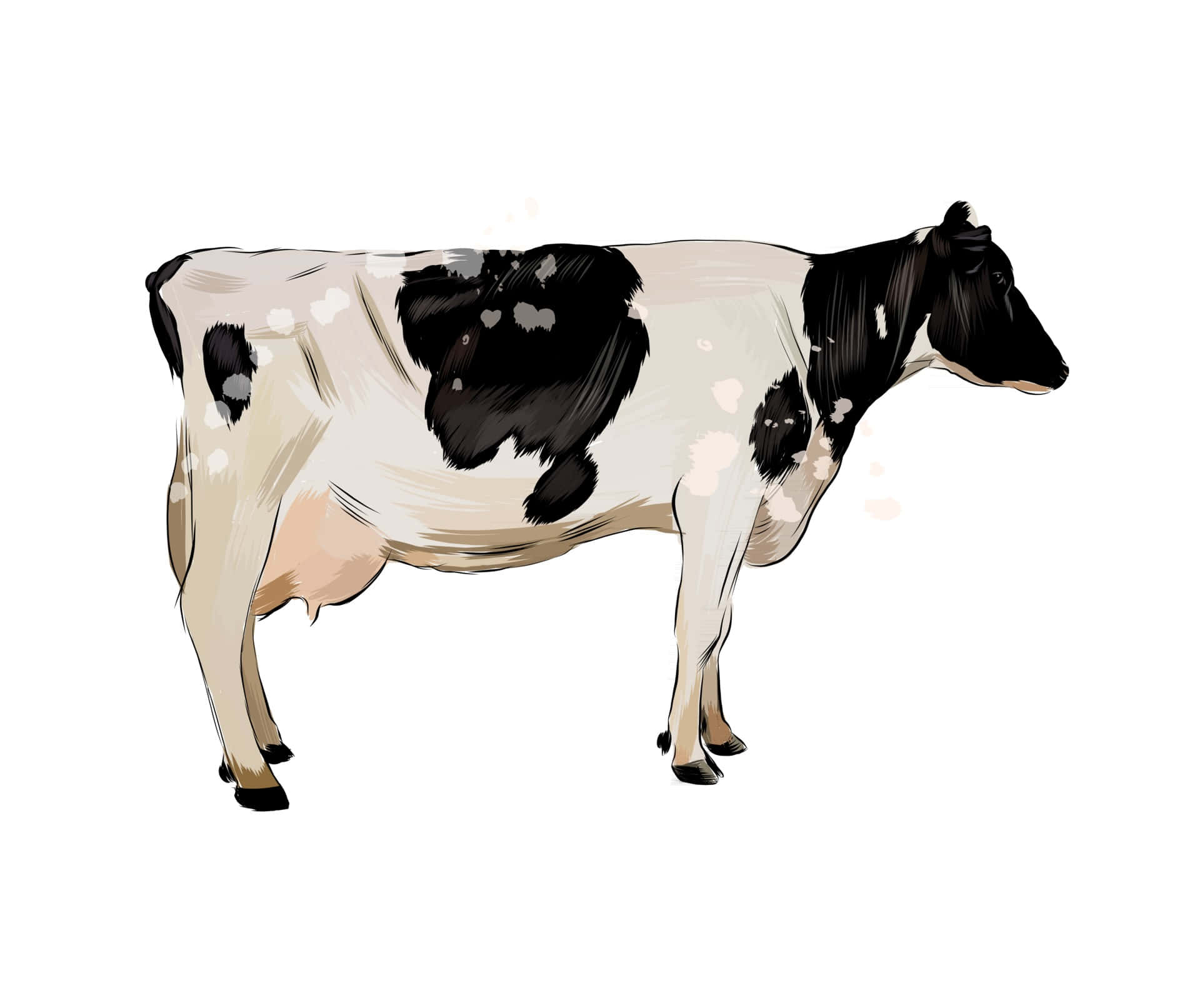 Black And White Cow 桌布 壁紙 — 一隻黑白乳牛側面站立在純白背景上的手繪插圖。