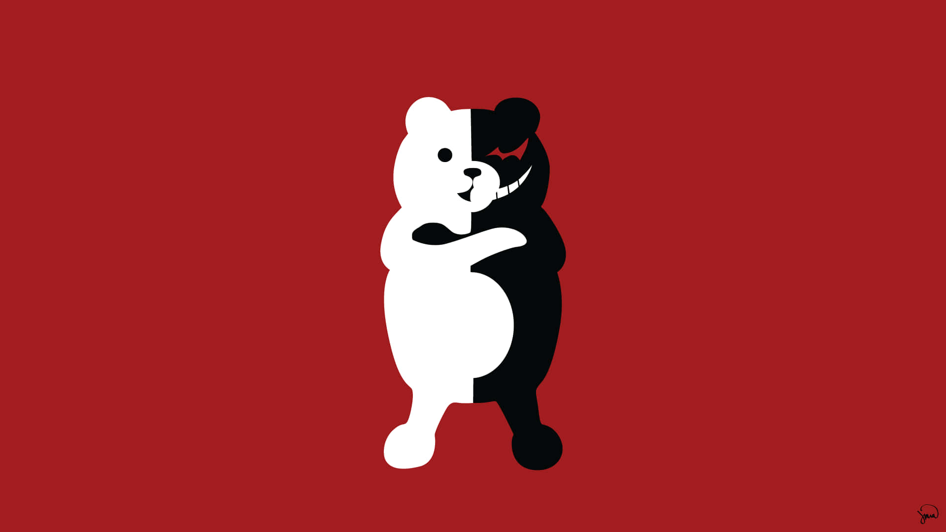 動漫藝術GIF 桌布 壁紙 — 一隻黑白分明的泰迪熊帶著詭異的笑容，在深紅色背景前擁抱自己。