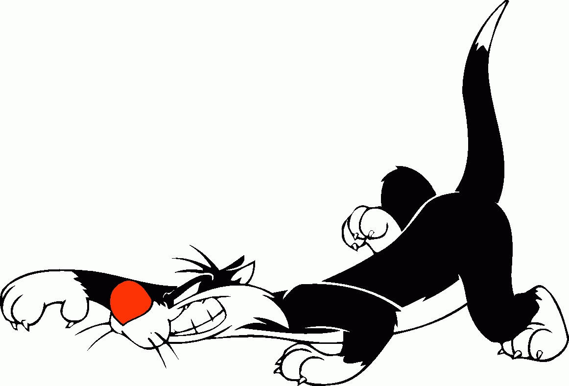 Sylvester 桌布 壁紙 — 一隻黑白卡通貓，紅鼻子，向前猛撲，伸出爪子，露出牙齒，背景是純白色。