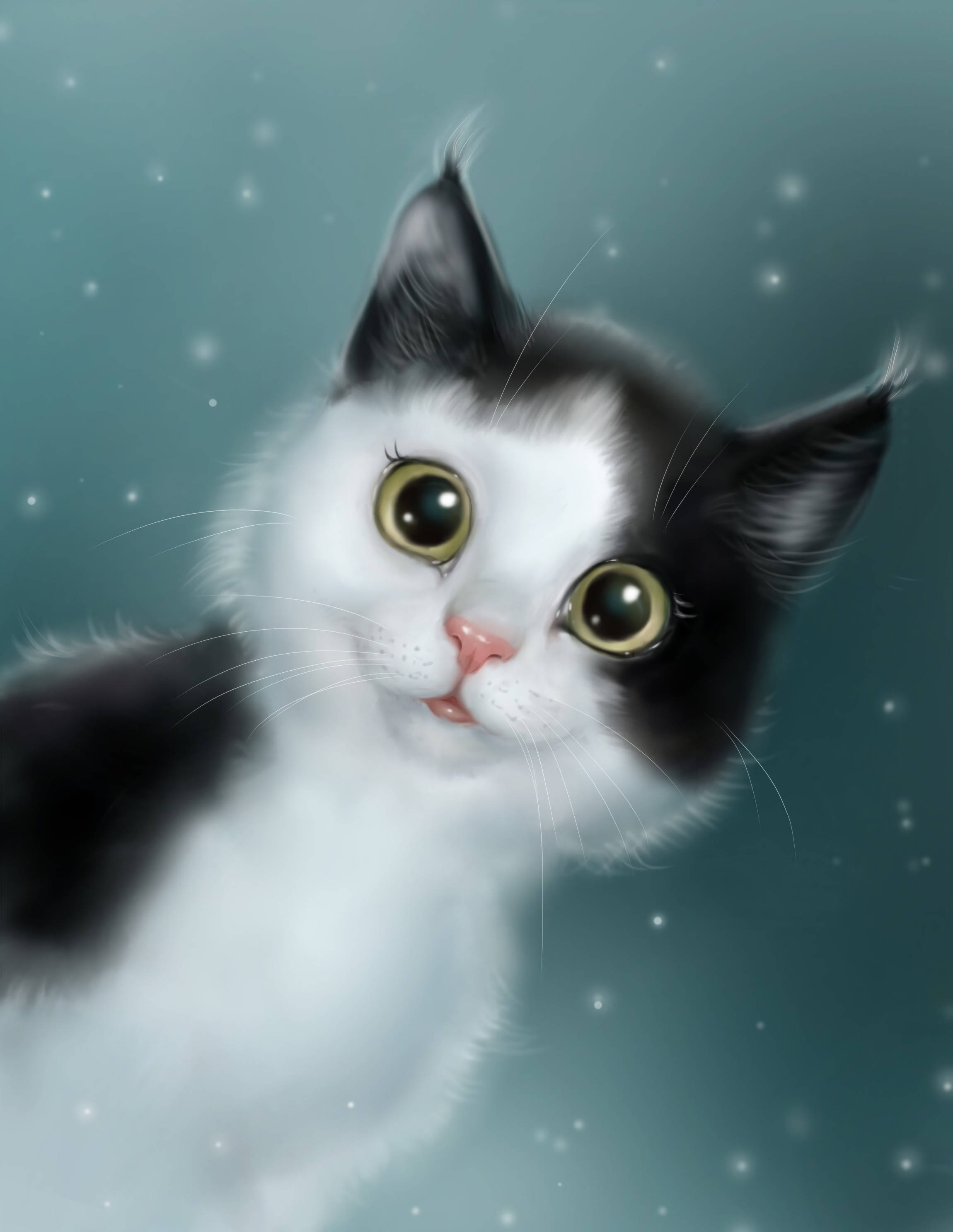Cat Art 桌布 壁紙 — 一隻黑白小貓咪的特寫，擁有金色大眼睛，抬頭望著帶有飄浮雪花的青綠色背景。