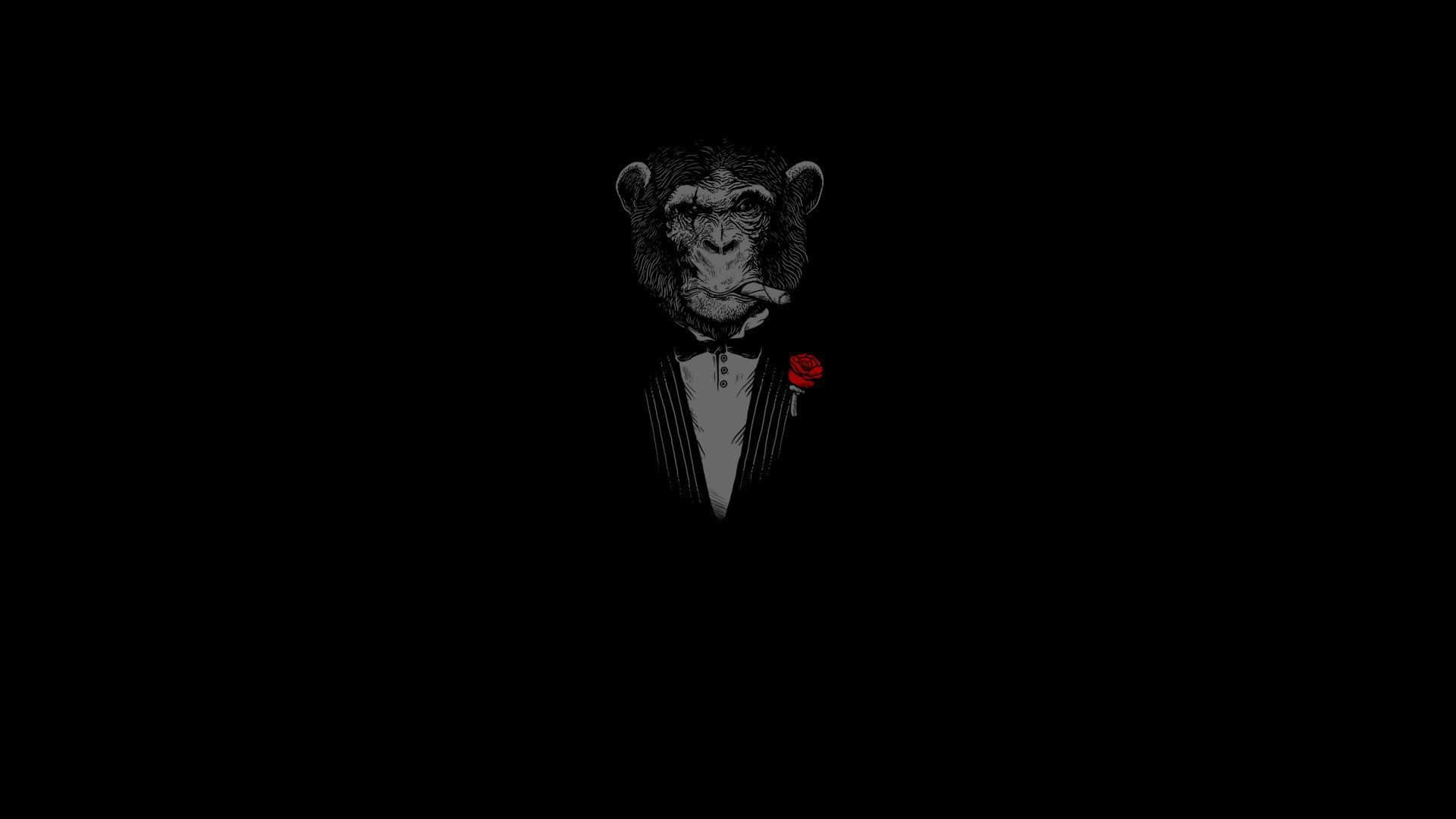 Edgy 桌布 壁紙 — 一隻黑白插圖風格的黑猩猩穿著燕尾服，佩戴紅色玫瑰胸花和雪茄，居中於黑色背景上。