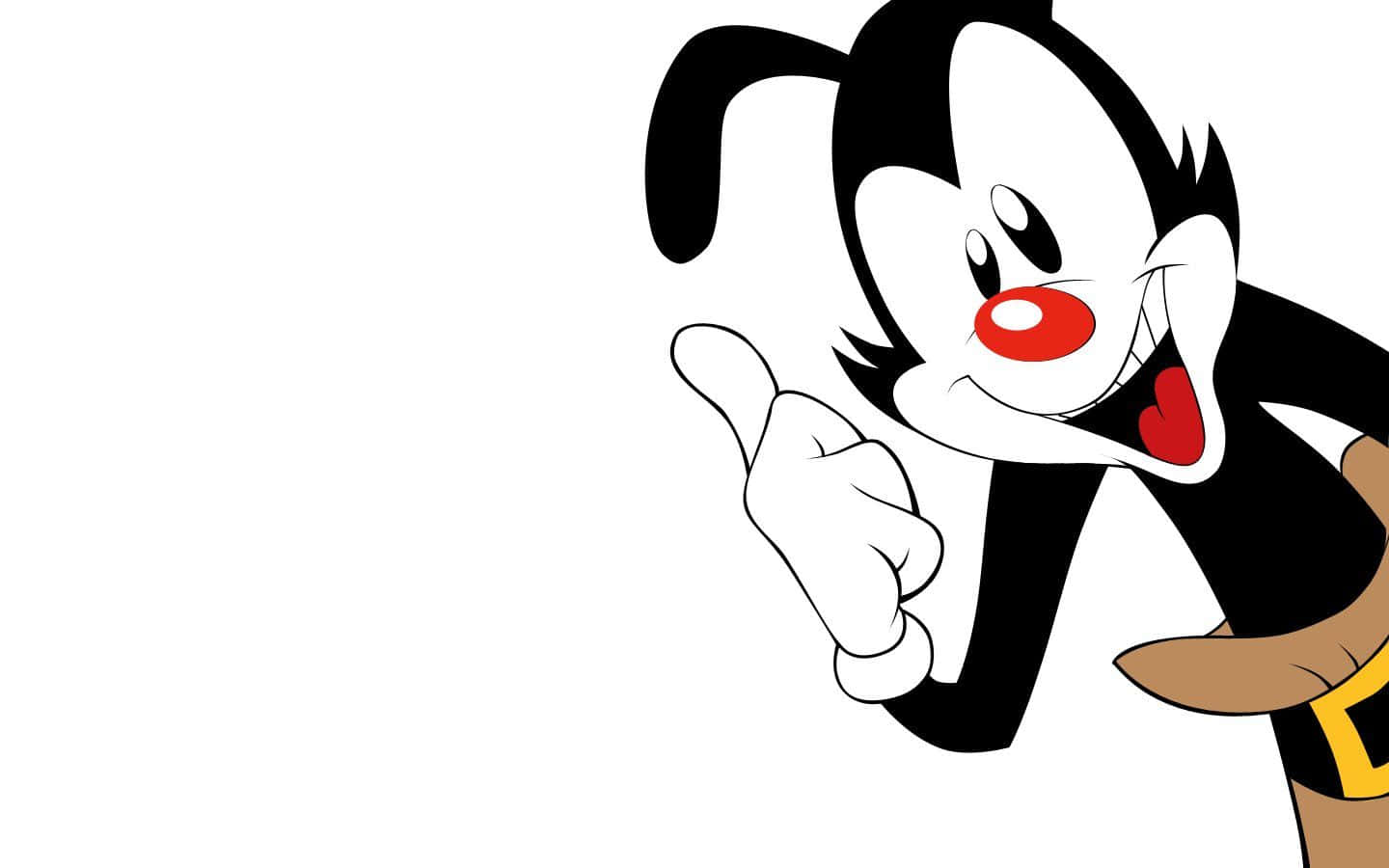 Animaniacs 桌布 壁紙 — 一隻黑白毛色、紅鼻子、咧嘴大笑的卡通狗，在純白背景前開心地指著。