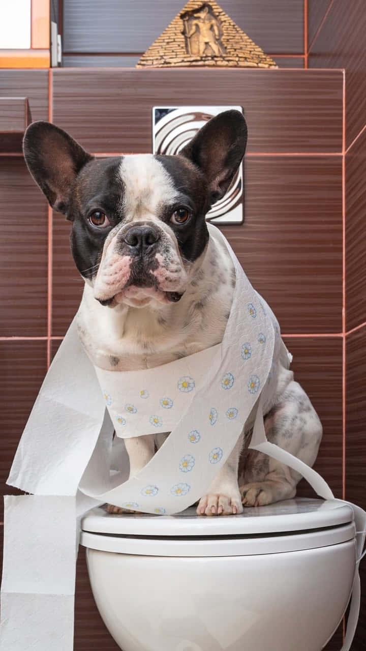 狗 桌布 壁紙 — 一隻黑白法國鬥牛犬威嚴地坐在現代浴室中被花卉衛生紙捲包裹的馬桶上。