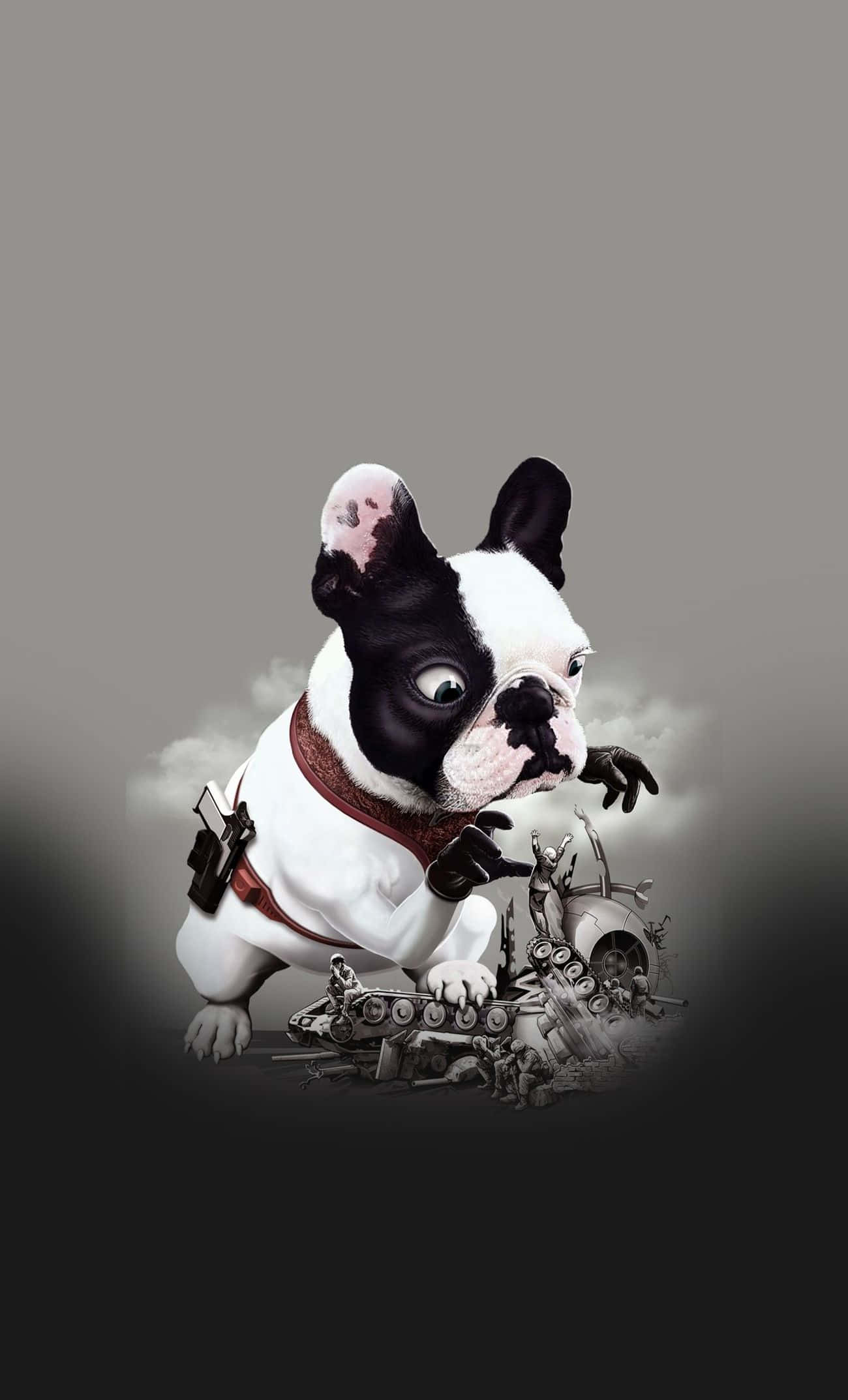 Bulldog 桌布 壁紙 — 一隻黑白法鬥犬身穿蒸氣龐克服裝，站在機械殘骸上，背景是煙霧瀰漫的灰色。