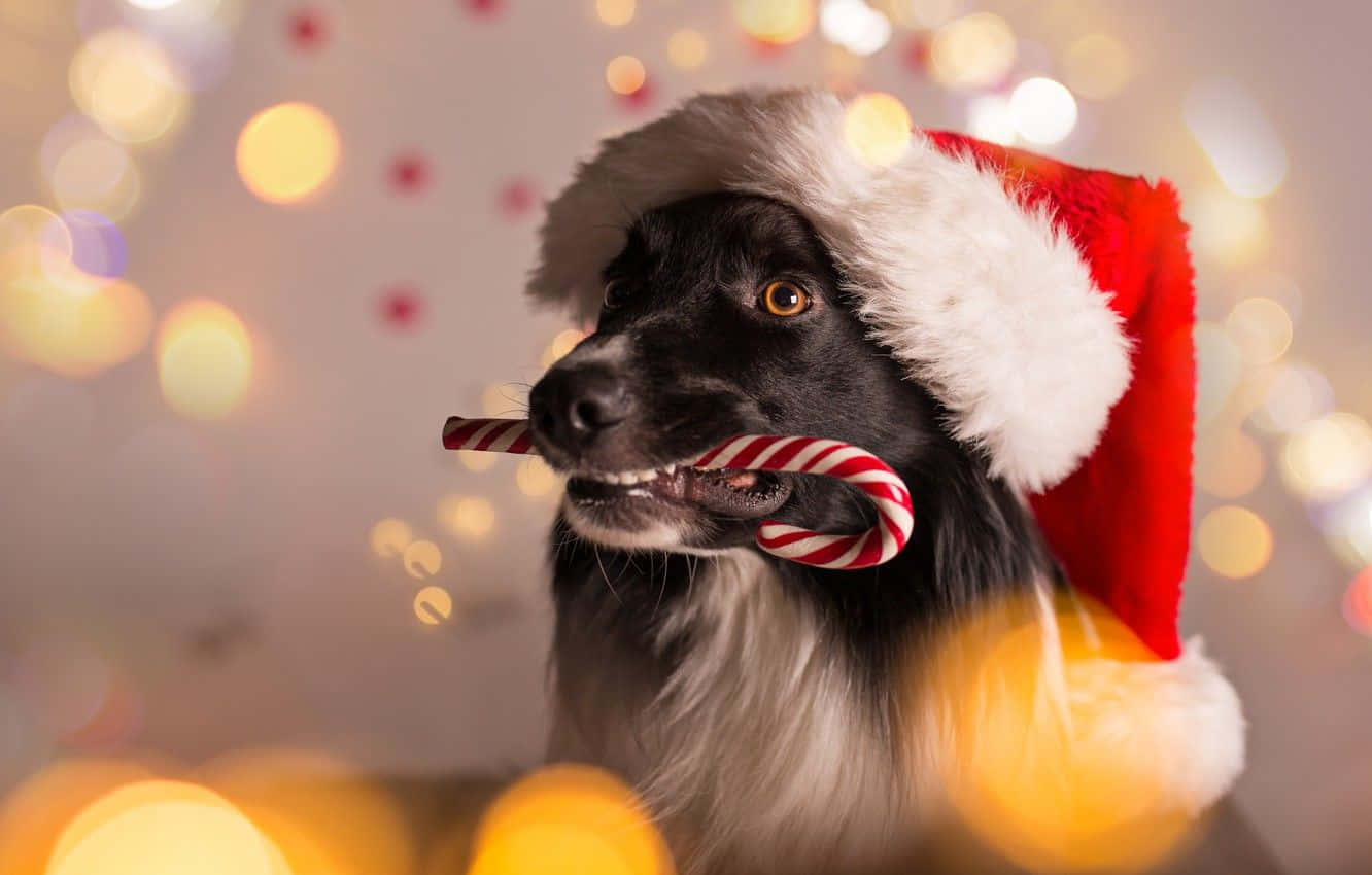 黑白狗戴聖誕帽叼拐杖糖，身後有節日燈光。 — 寵物動圖 壁紙