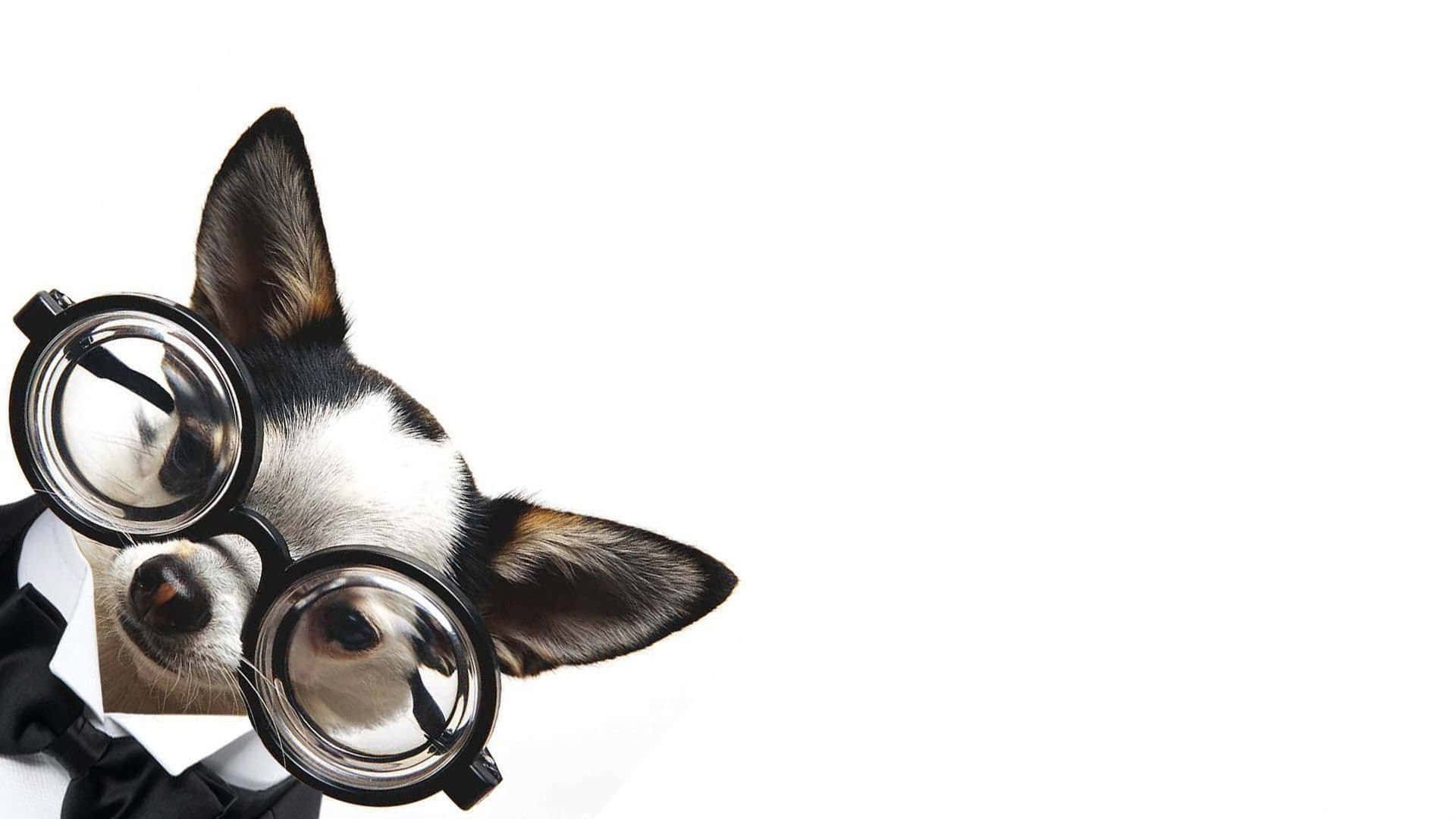 Chihuahua 桌布 壁紙 — 一隻黑白狗戴著超大圓框眼鏡和領結，從左邊窺視，背景是純白色。