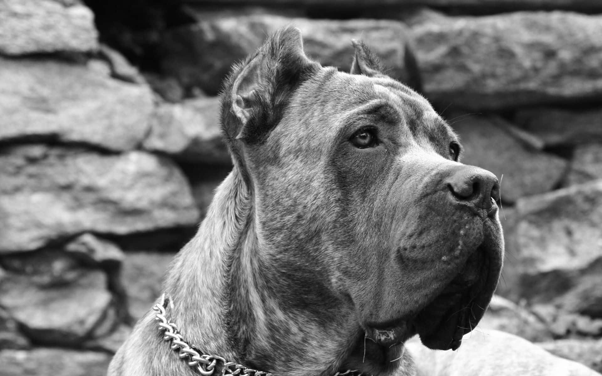 卡斯羅犬 桌布 壁紙 — 一隻黑白相間、強壯的卡斯羅犬在質樸的石牆背景下若有所思地凝視著。