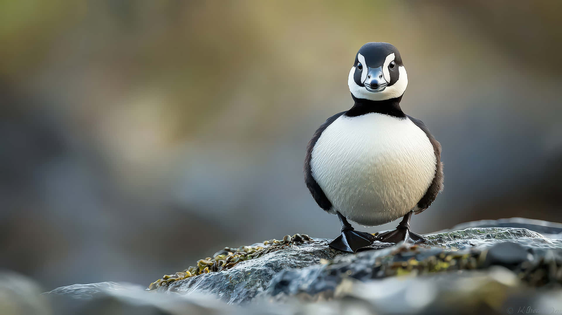 A charming puffin with black and white feathers stands on a rocky shoreline, looking curious 壁紙 — 一隻黑白相間、身體圓潤蓬鬆的鳥兒棲息在長滿苔蘚的岩石上的特寫。