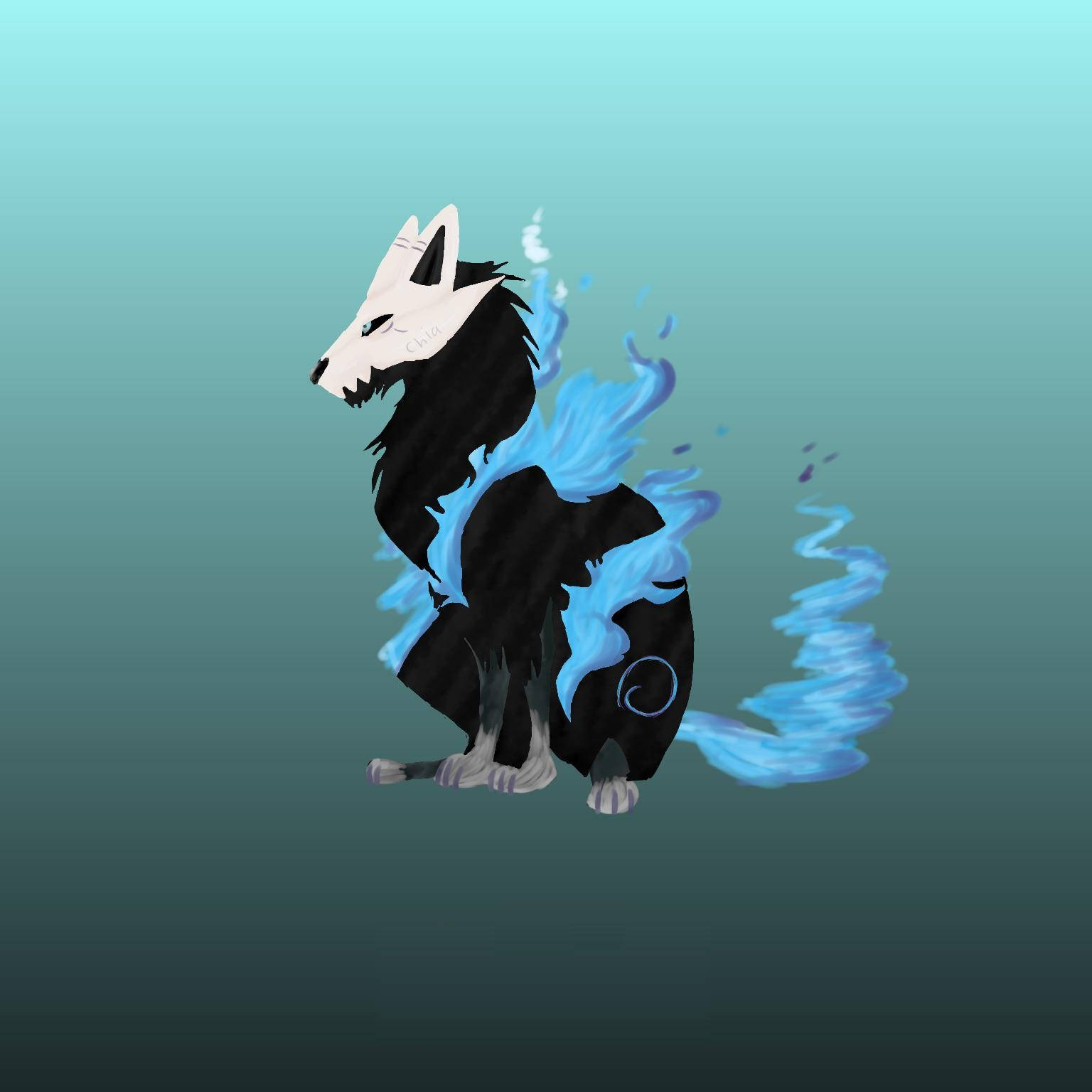 loomian legacy 桌布 壁紙 — 一隻黑白相間的狼，帶有藍色火焰般的能量在其身體周圍旋轉，背景為漸層青綠色。