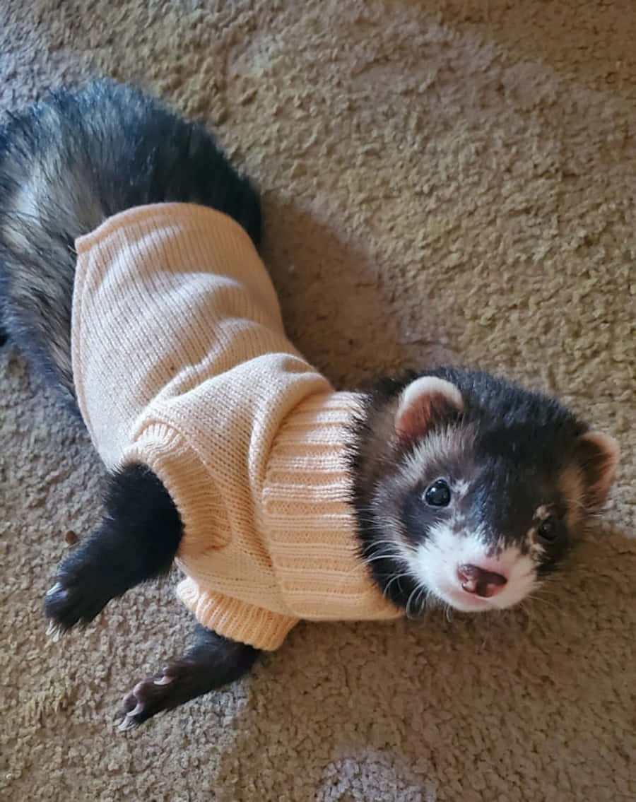Cute Ferret 桌布 壁紙 — 一隻黑白相間的雪貂穿著奶油色毛衣躺在米色地毯上，睜大眼睛向上看。