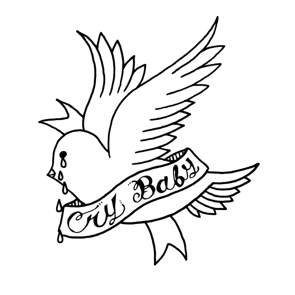 lil peep 動態圖 桌布 壁紙 — 一隻黑白線條紋身風格的鳥展開翅膀，拿著一個寫著 cry baby 的橫幅，眼淚從它的眼睛滴落。
