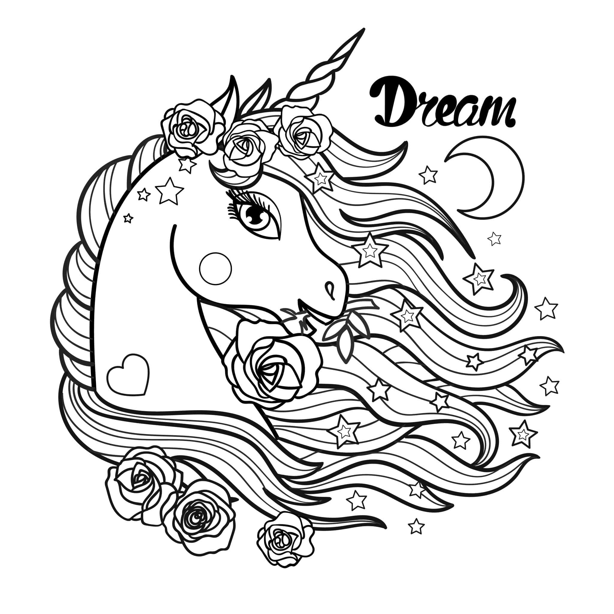 獨角獸 桌布 壁紙 — 一隻黑白線條藝術的獨角獸，周圍有玫瑰、星星和彎月，並被「夢想」一詞環繞。