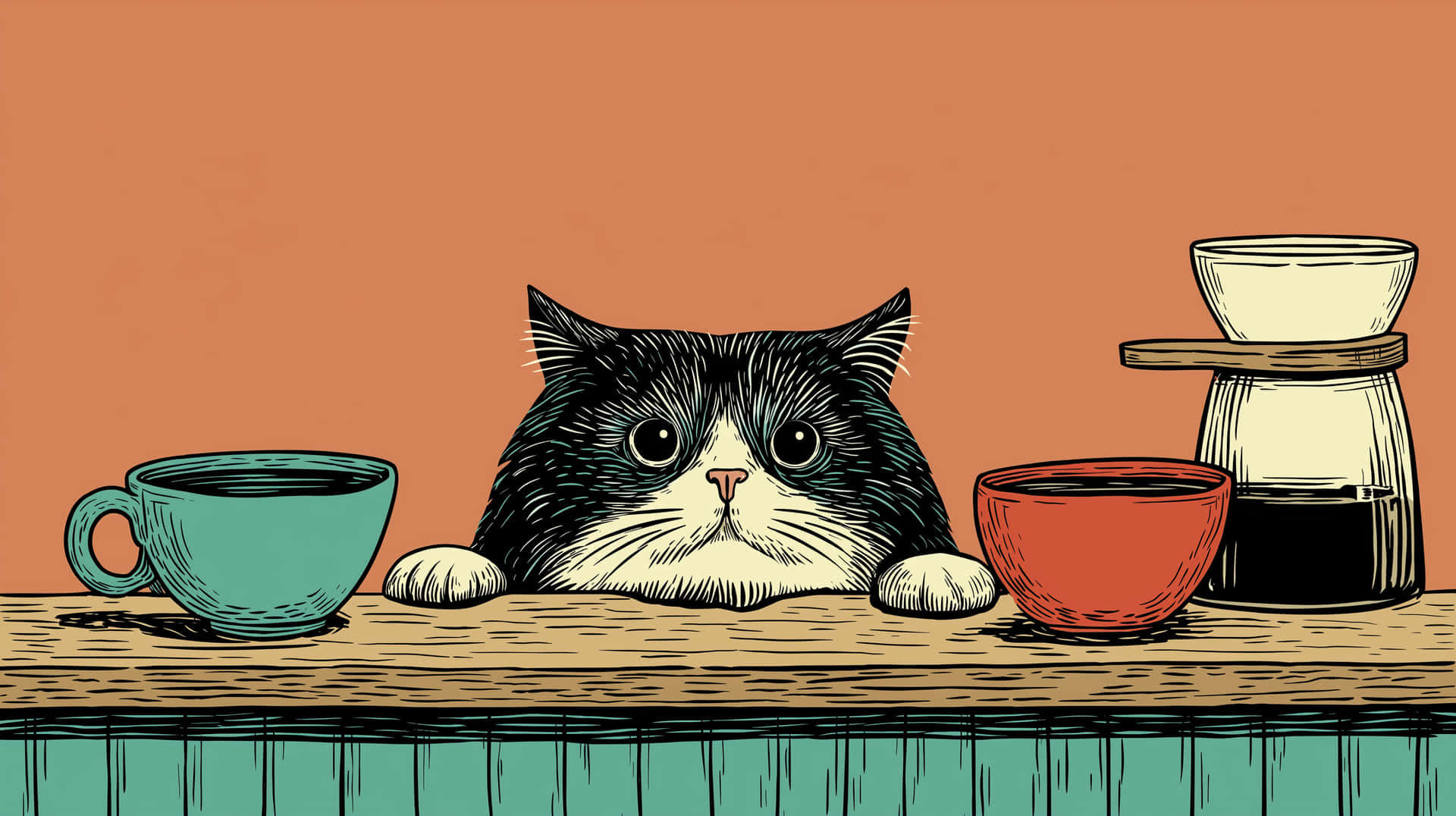 Chubby Cat Peeking Over Table with Coffee Items 壁紙 — 一隻黑白貓咪睜著大眼睛，從木製櫃檯上方探出頭來，旁邊有一個青綠色杯子、一個紅色碗和一個手沖咖啡壺，背景是溫暖的橙色。