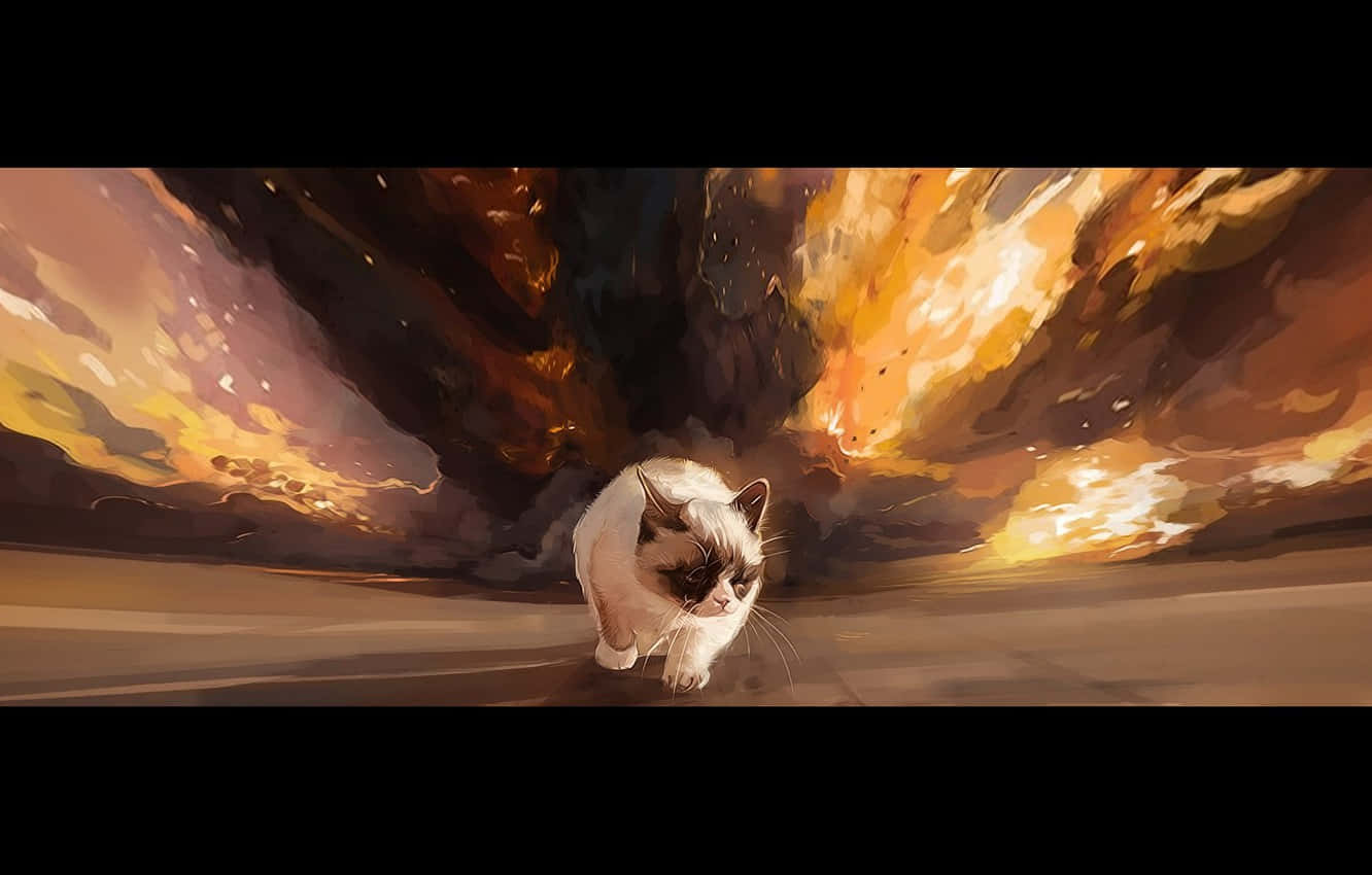 Grumpy Cat 桌布 壁紙 — 一隻黑白貓在戲劇性的火紅天空下向前走，天空中有旋轉的橙色和棕色雲彩。