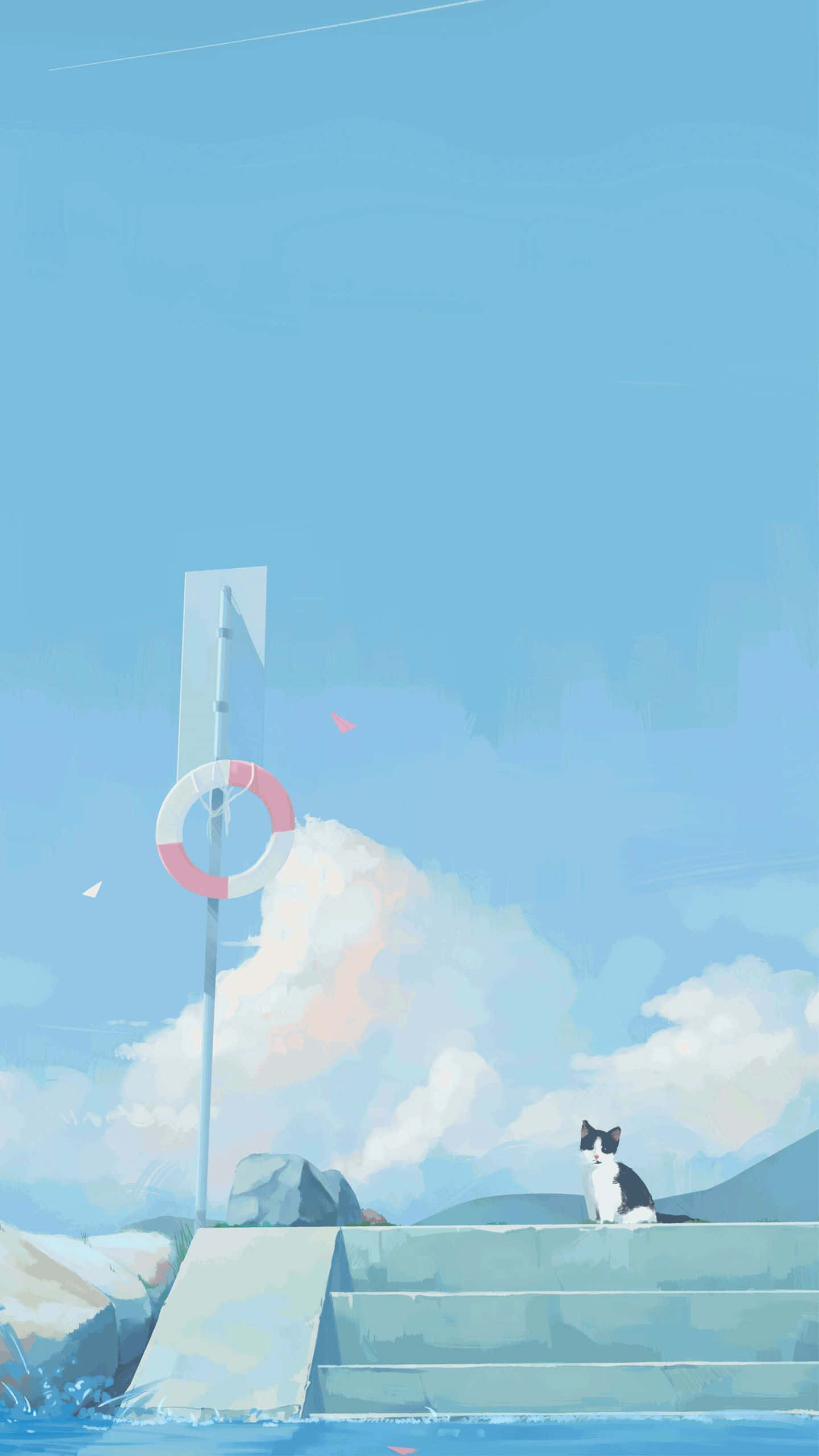 Anime Sky 桌布 壁紙 — 一隻黑白貓坐在泳池旁邊的混凝土台階上，柱子上掛著救生圈，背景是柔和的藍天。