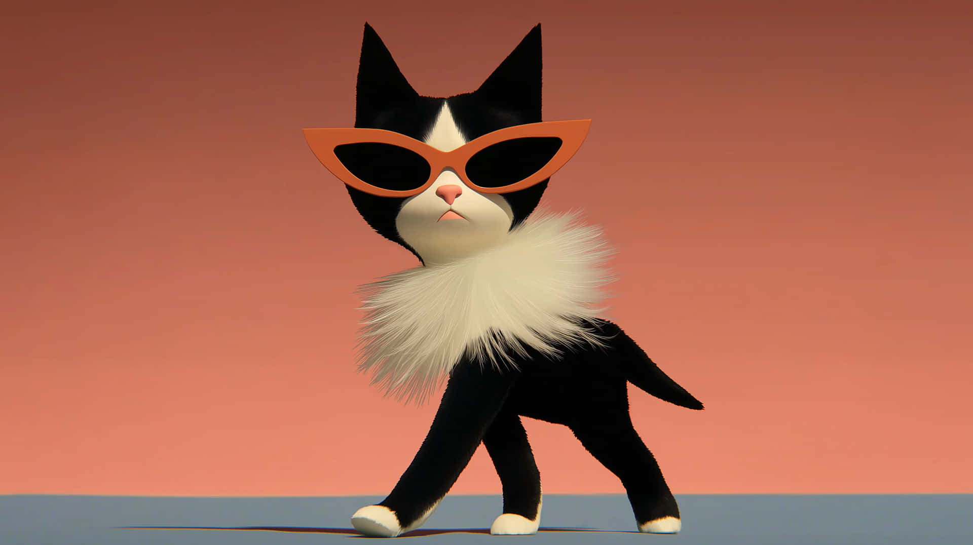 Stylish Black Cat Strutting Down a Fashion Runway in Sunglasses 壁紙 — 一隻黑白貓戴著橙色太陽眼鏡和毛茸茸的白色領子，在漸層蜜桃色背景上自信地行走。