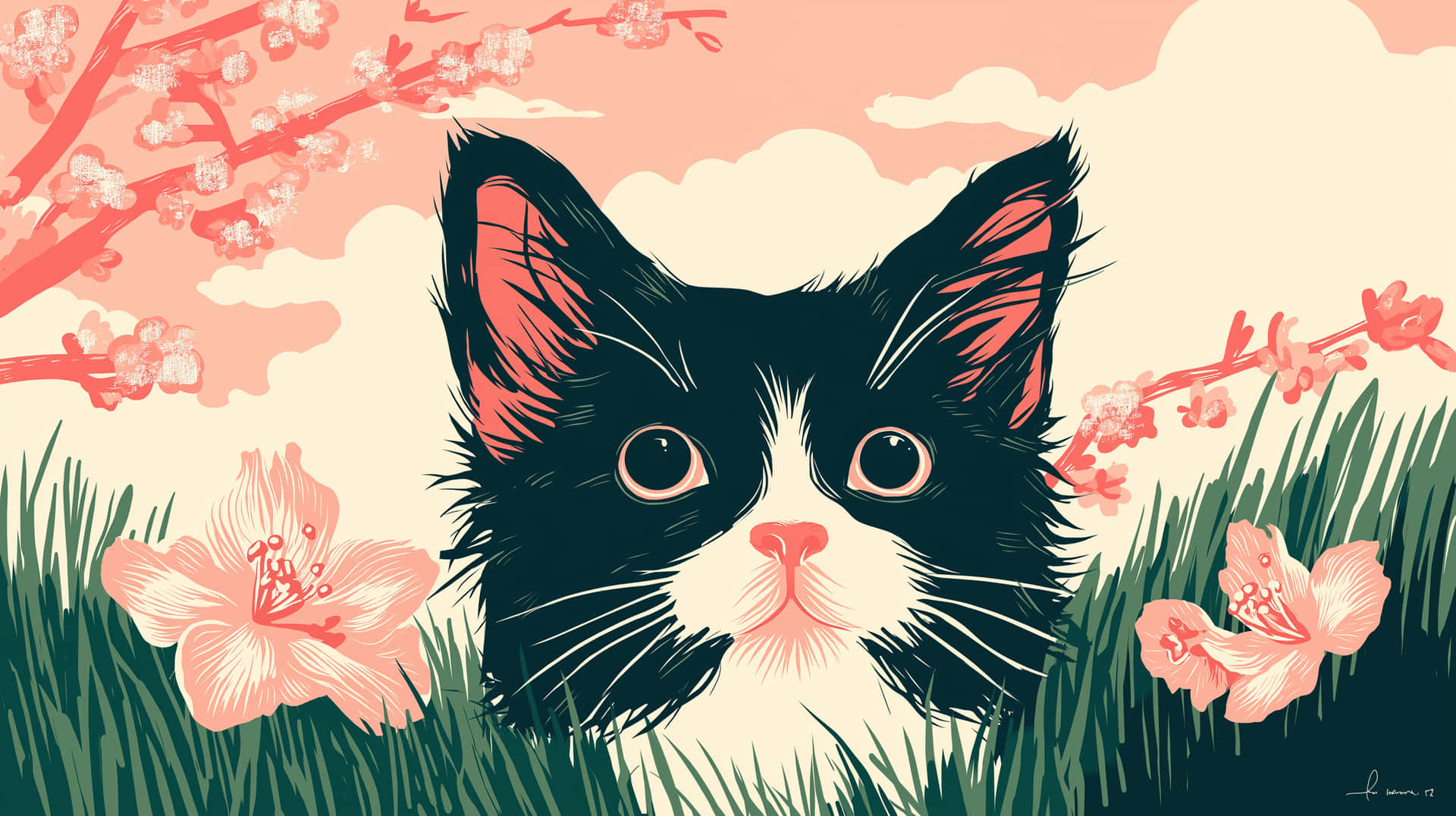 Whimsical Cat Garden 壁紙 — 一隻黑白貓透過綠色草叢窺視，背景有粉紅櫻花和雲朵。