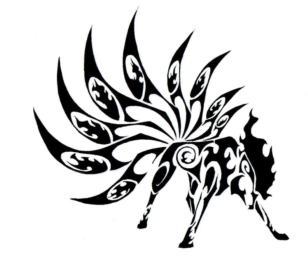 Tribal Wolf 桌布 壁紙 — 一隻黑白風格化的九尾狐，身上帶有複雜的部落圖案和流暢的尾巴。