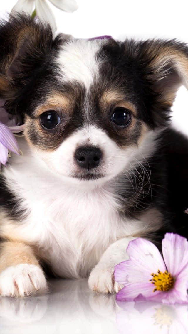 Chihuahua 桌布 壁紙 — 一隻黑色、白色和棕褐色的小狗，有著大大的深色眼睛，在反光的白色表面上休息，旁邊有一朵粉紅色的波斯菊。
