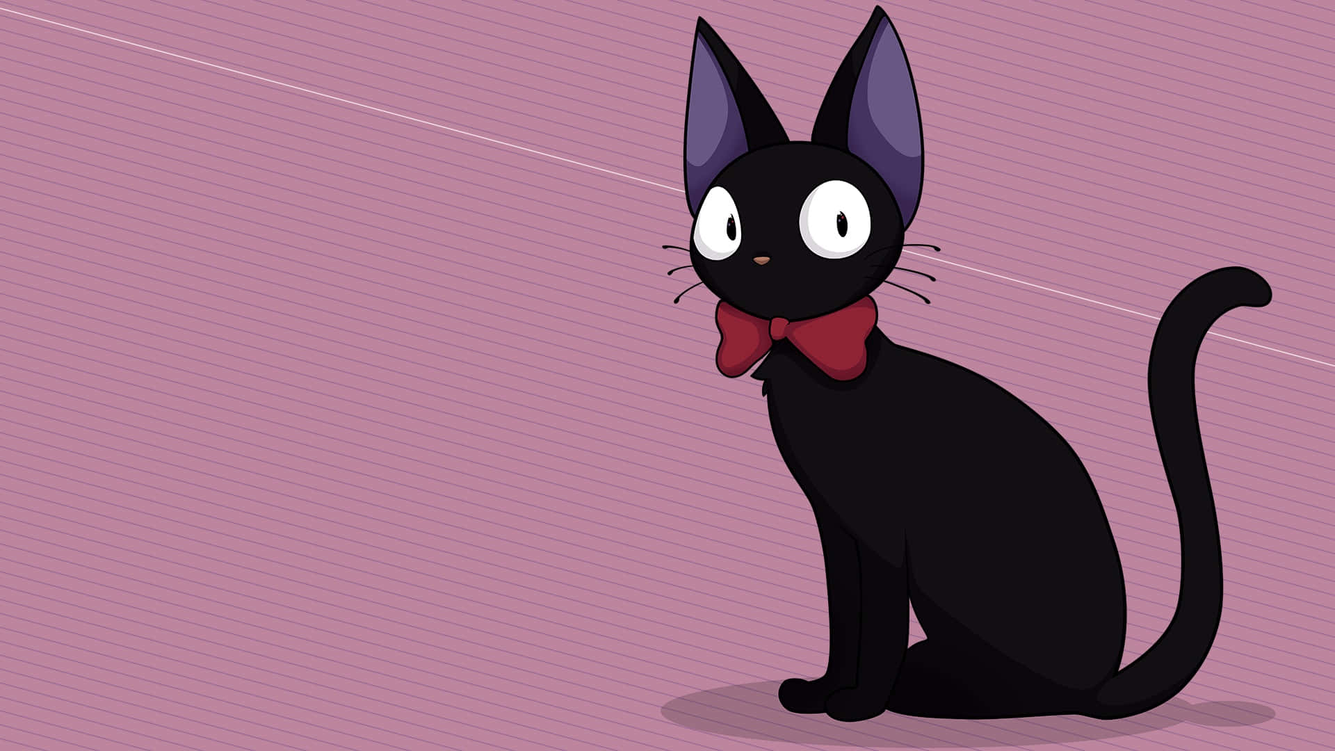 kiki's delivery service 桌布 壁紙 — 一隻黑色動漫貓，白色眼睛，紅色蝴蝶結，坐在粉紅色條紋背景前。