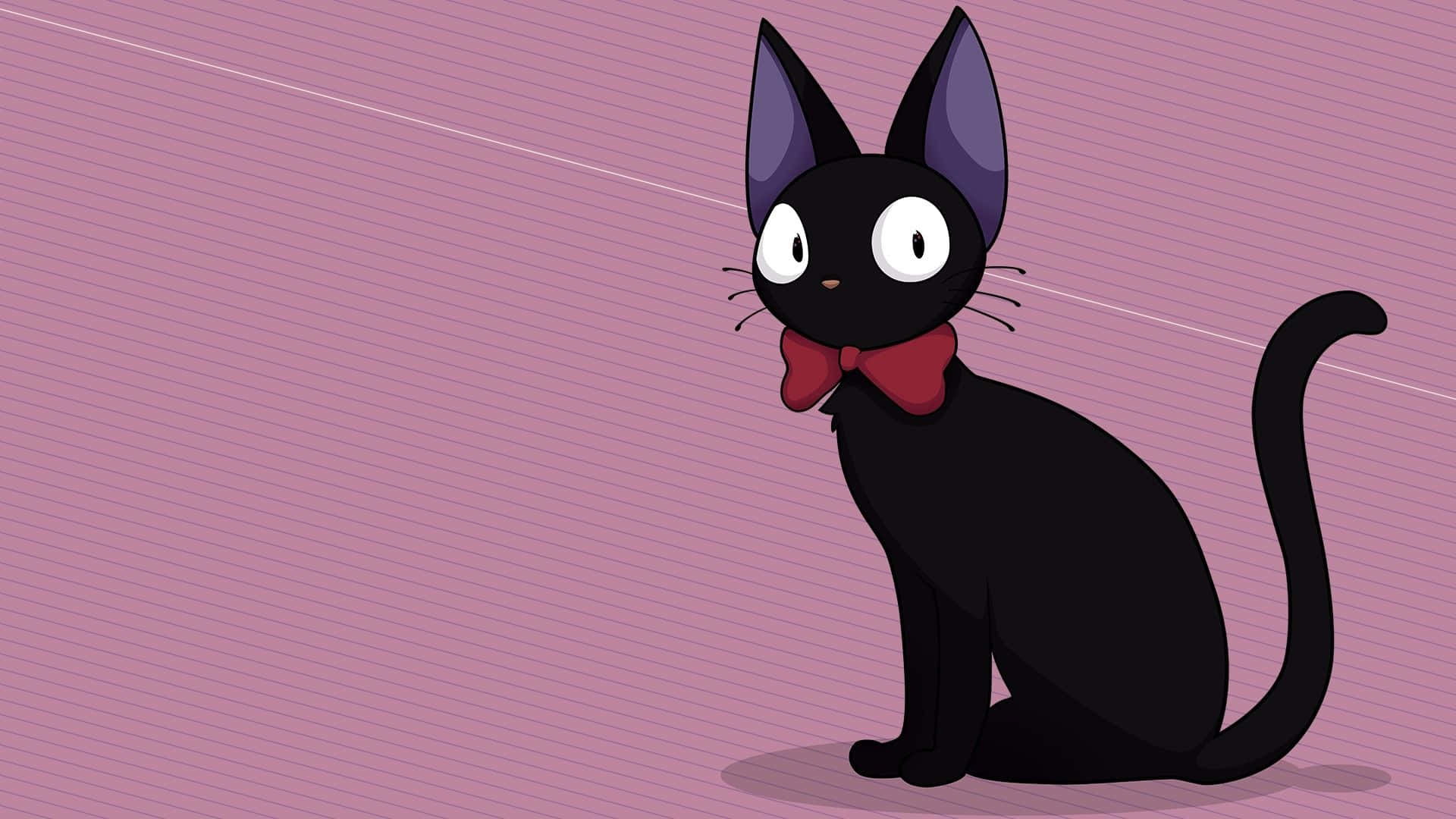 Jiji Cat 桌布 壁紙 — 一隻黑色動漫貓咪，白色眼睛，繫著紅色蝴蝶結，端坐在粉紅色條紋背景前。