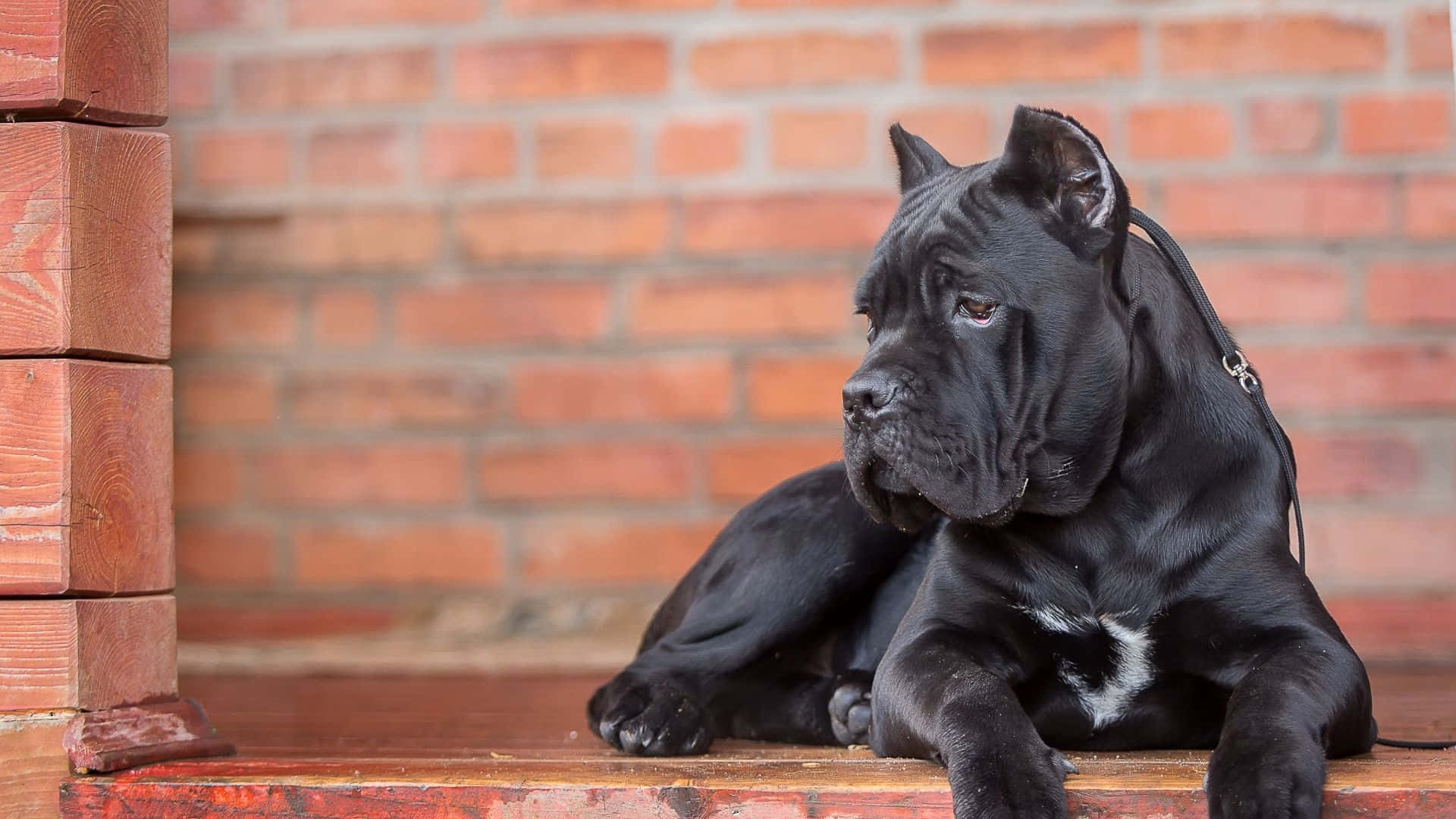卡斯羅犬 桌布 壁紙 — 一隻黑色卡斯羅犬，胸前有白色斑塊，在紅磚牆前的木門廊上靜靜休息。