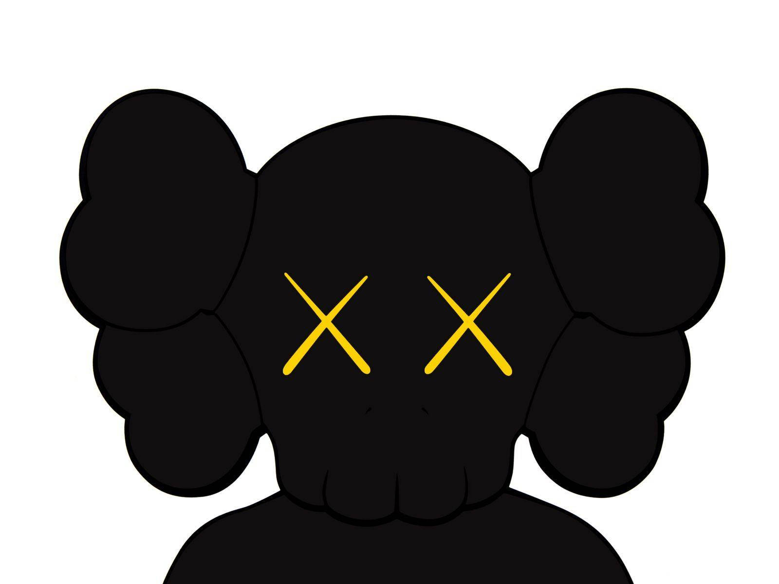 kaws 4K 桌布 壁紙 — 一隻黑色卡通熊，有黃色X眼睛和蓬鬆的耳朵，背景為白色。