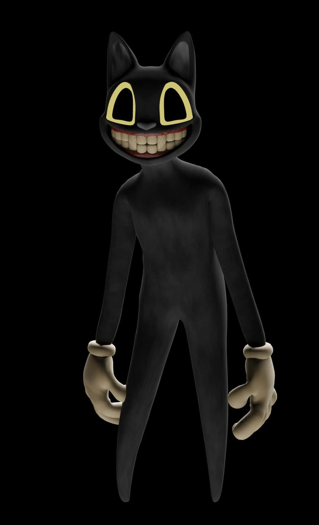 Cartoon Cat Scary 桌布 壁紙 — 一隻黑色卡通貓，有著發光的黃色眼睛和露出牙齒的寬闊笑容，站在深色背景前。