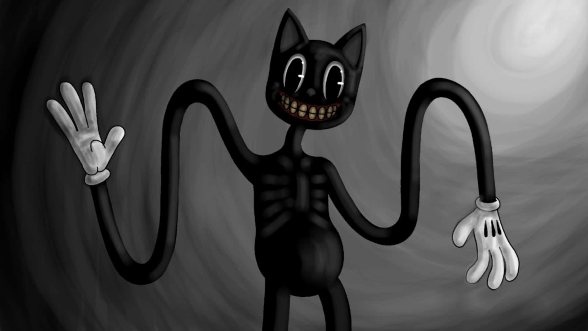 Cartoon Cat Scary 桌布 壁紙 — 一隻黑色卡通貓，身體像骷髏，眼睛大大，在旋轉的灰色背景前揮動一隻手。