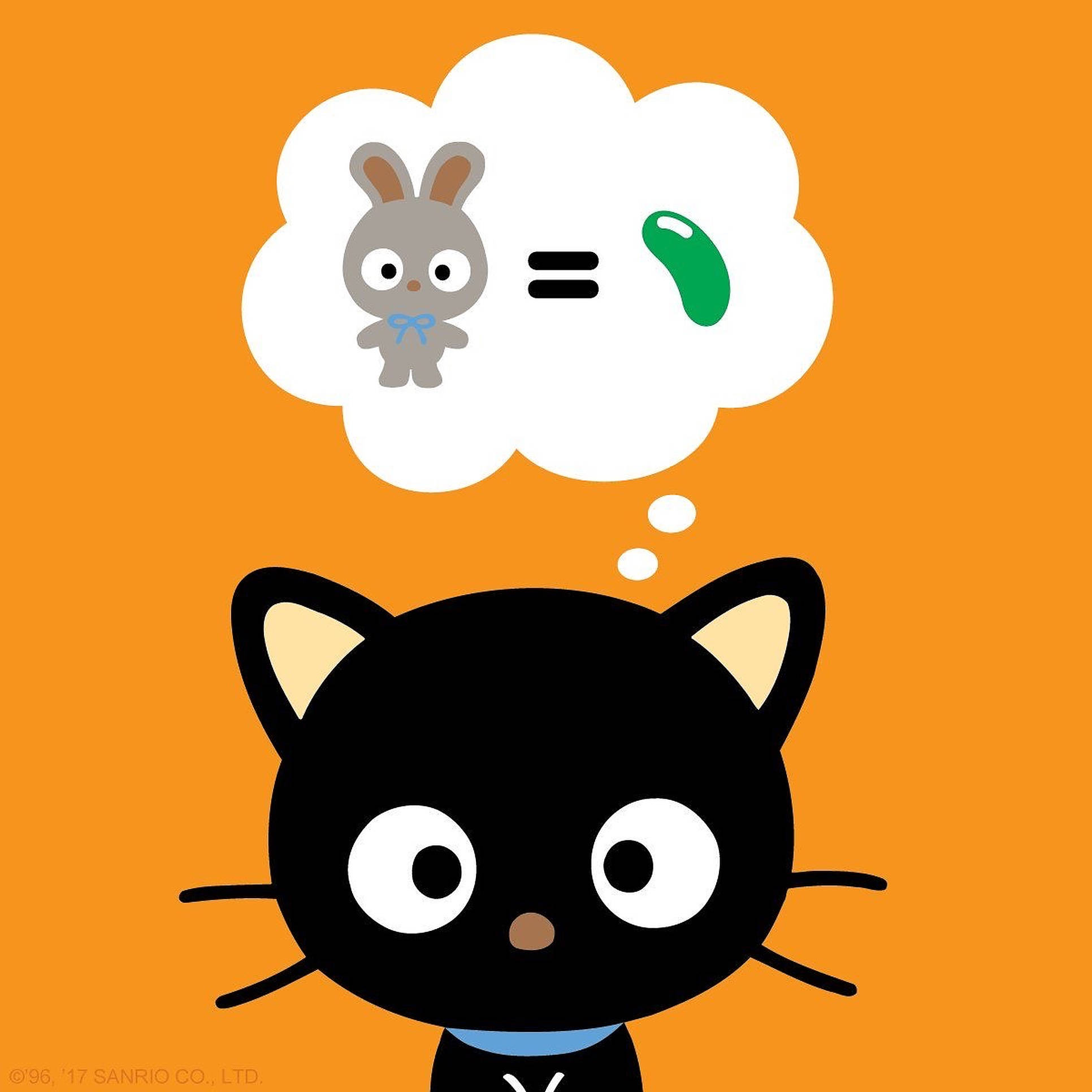 Chococat 桌布 壁紙 — 一隻黑色卡通貓咪有大眼睛，在橙色背景上的白色對話框中認為灰色兔子等於一顆青豆。