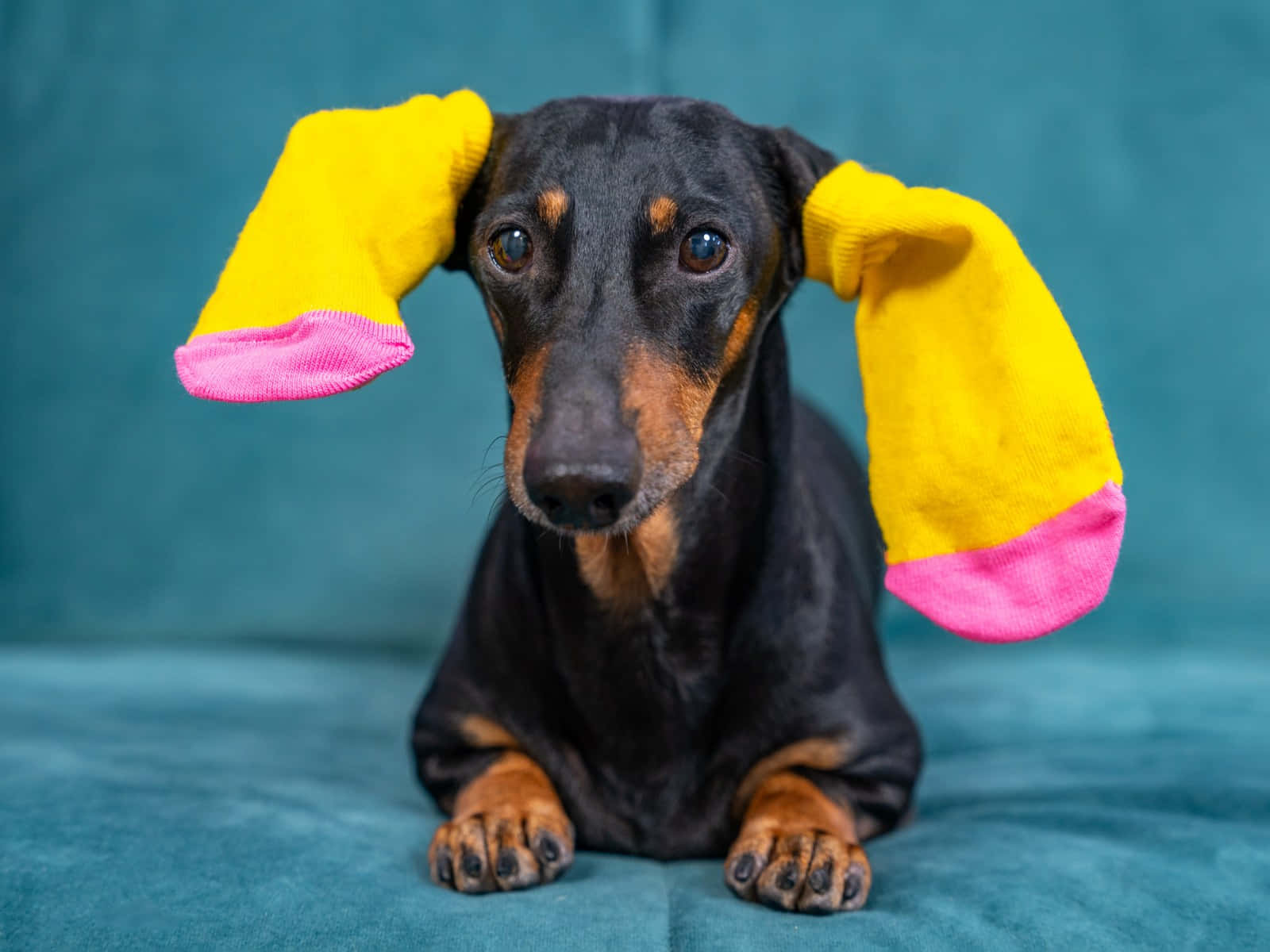 動物 桌布 壁紙 — 一隻黑色和棕色的臘腸狗安靜地坐著，明亮的黃色襪子帶有粉紅色腳趾，掛在耳朵上，背景是藍綠色。