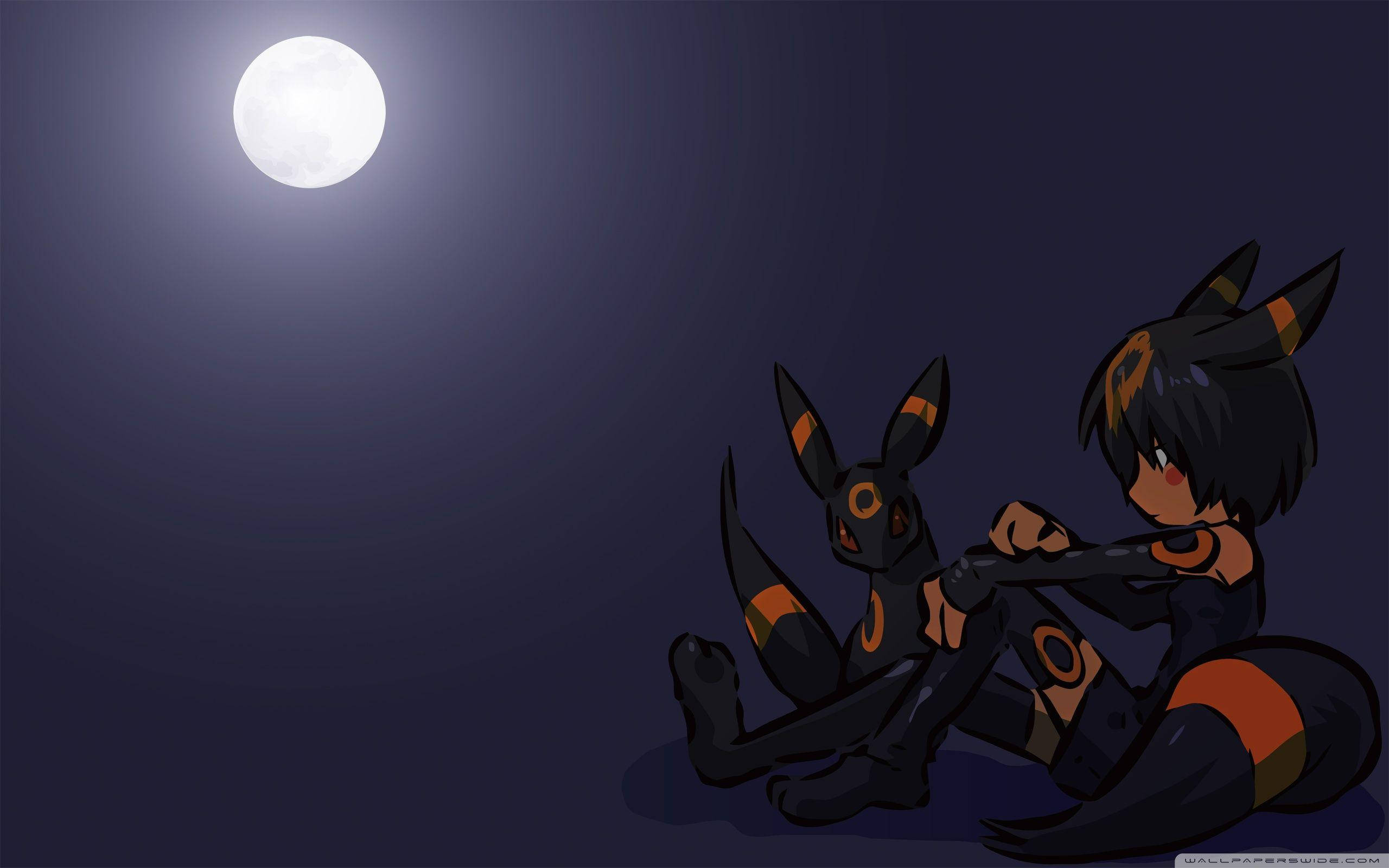 Umbreon 桌布 壁紙 — 一隻黑色和橙色的動漫風格月伊布坐在一個人類女孩旁邊，在黑暗夜空中的滿月下。