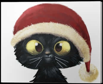 Gorro De Navidad 桌布 壁紙 — 一隻黑色大眼貓咪戴著一頂紅色聖誕帽，帽緣有白色毛邊和一個毛茸茸的絨球。