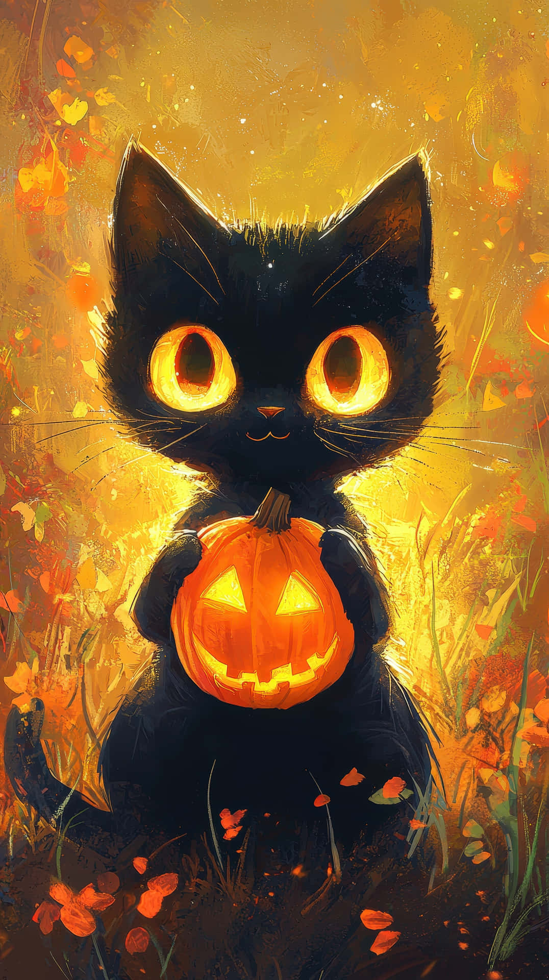 Cute black cat holding a glowing jack-o'-lantern in a magical Halloween setting 壁紙 — 一隻黑色小貓咪，眼睛發出橙色光芒，在溫暖的金色天空下，於秋葉中抱著一個點亮的傑克南瓜燈。