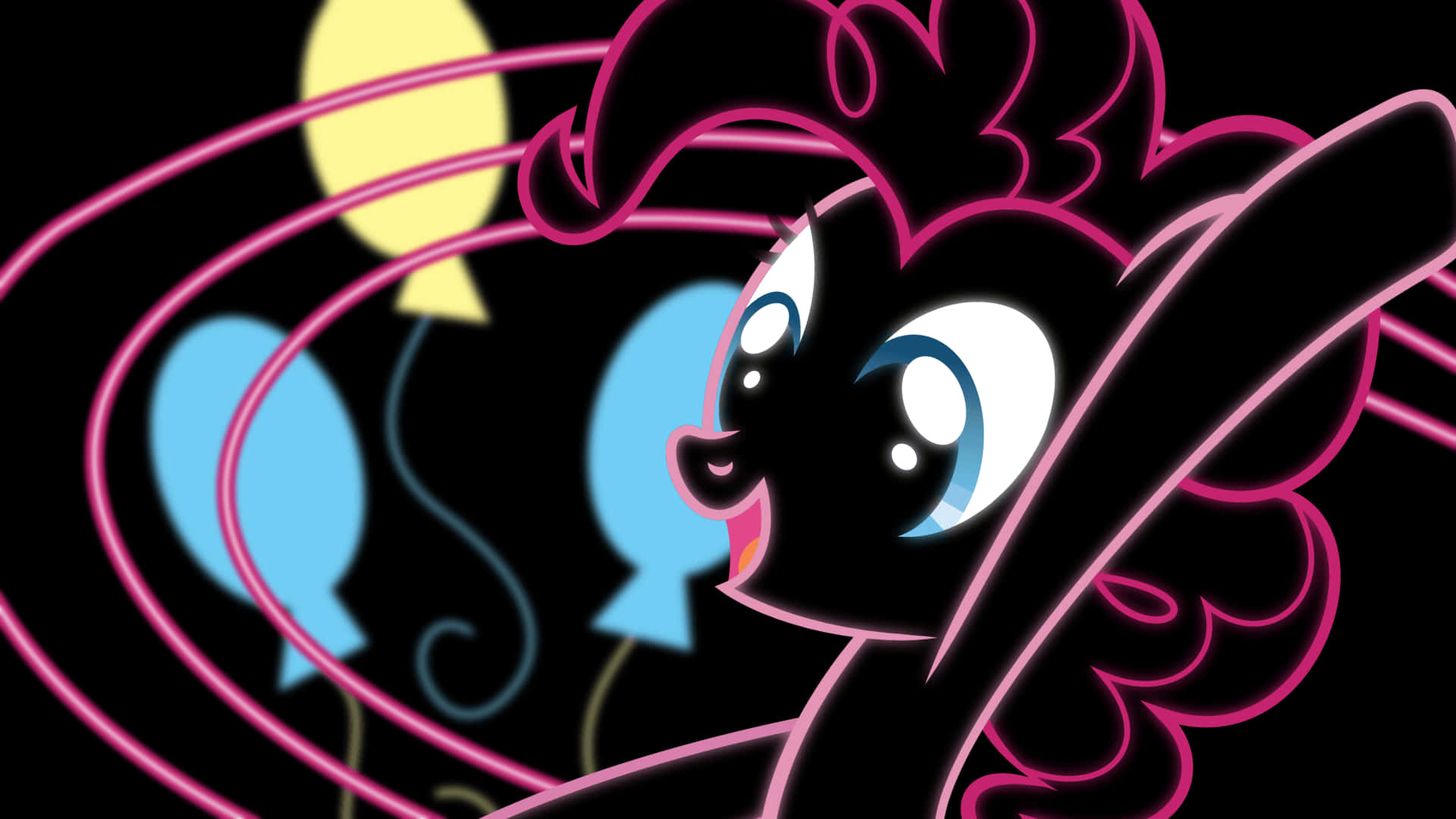 Cute Neon 桌布 壁紙 — 一隻黑色小馬帶有粉紅色霓虹輪廓，在黑暗背景中對著發光氣球愉快地微笑。