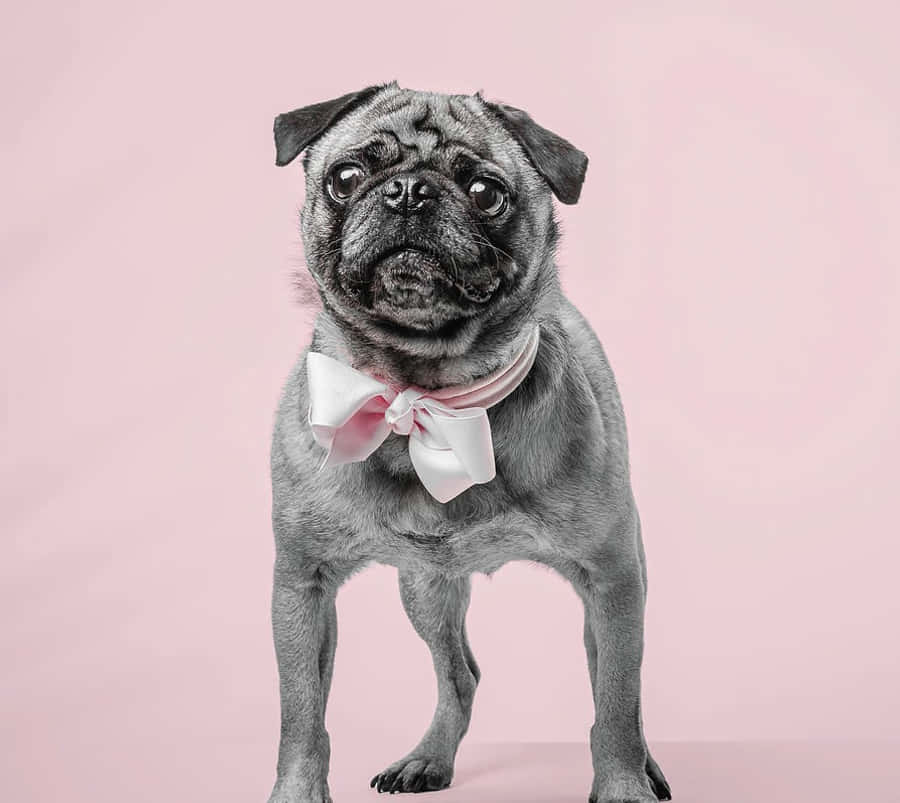 Pug Dog 桌布 壁紙 — 一隻黑色巴哥犬在柔和的粉紅色背景前優雅站立，脖子上繫著精緻的白色蝴蝶結。