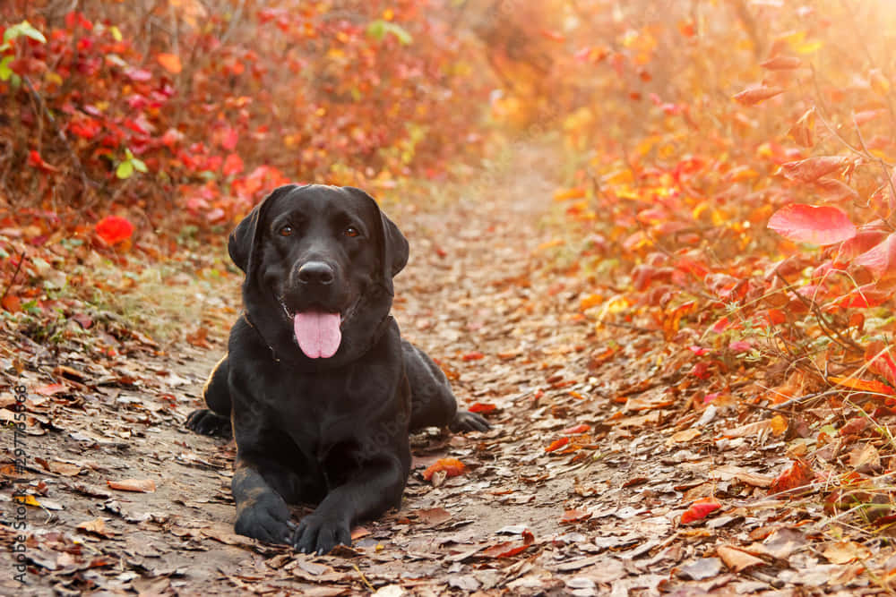 Labrador 桌布 壁紙 — 一隻黑色拉布拉多躺在鋪滿落葉的秋日小徑上，愉快地喘著氣，周圍是火紅和橙色的樹葉。