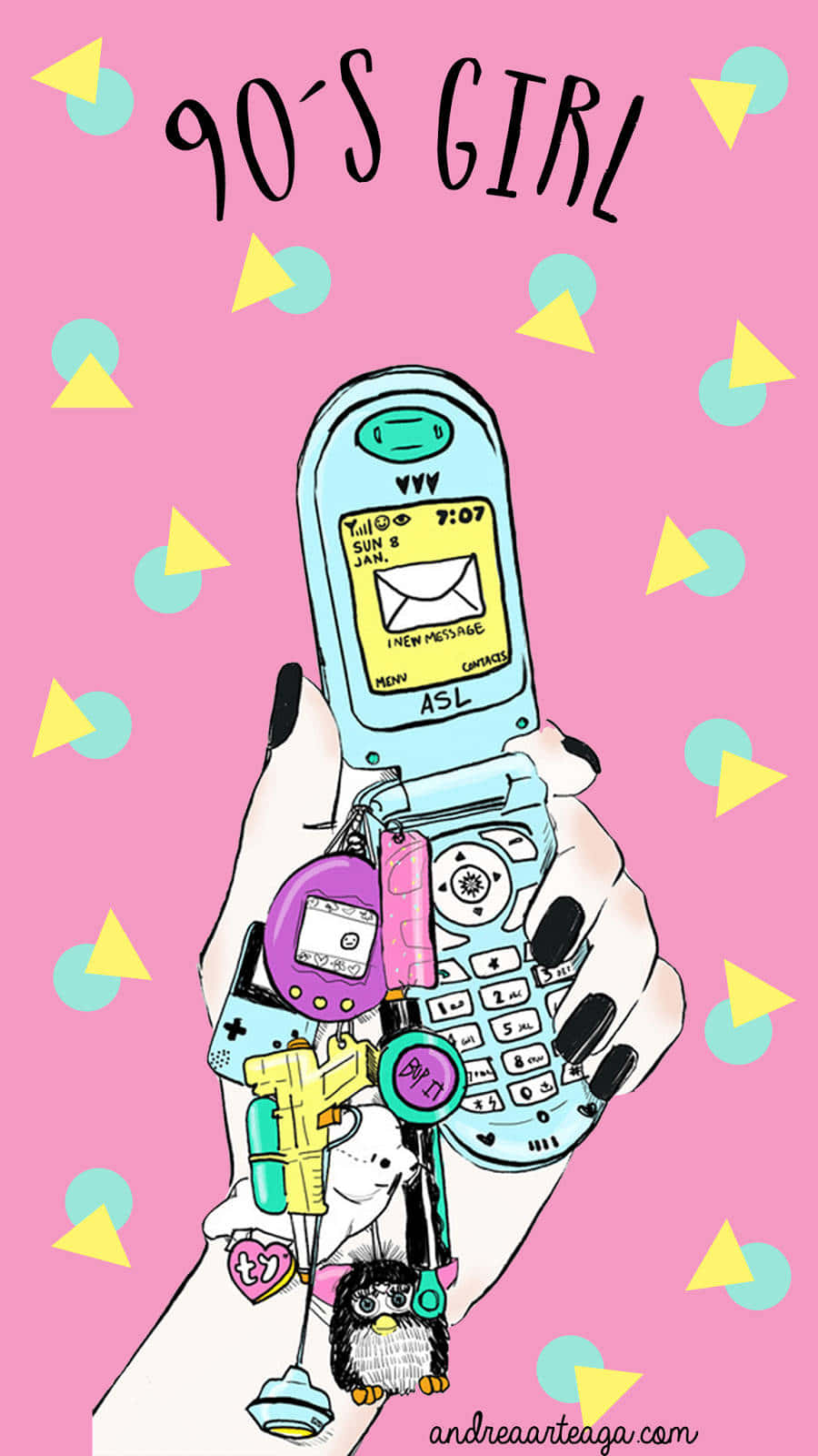 90s Computer 桌布 壁紙 — 一隻黑色指甲的手拿著一部淺藍色摺疊手機，配有紫色和黃色鑰匙圈，背景為粉紅色，帶有黃色和藍綠色三角形。