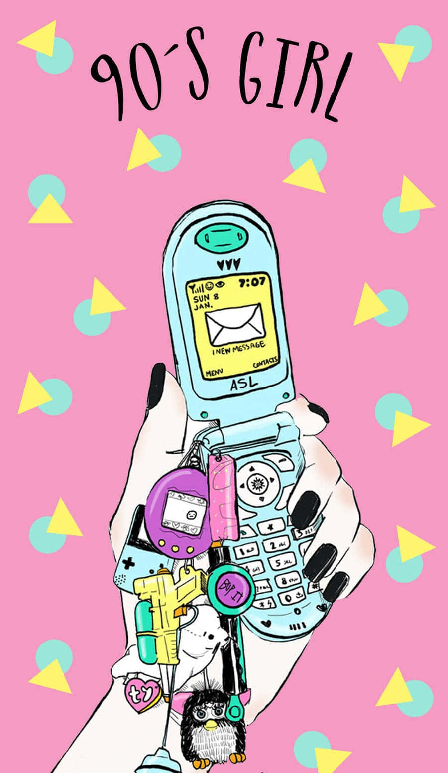 90s Style 桌布 壁紙 — 一隻黑色指甲的手拿著一部飾有彩色吊飾的淺藍色90年代摺疊手機，背景為粉紅色，帶有黃色和藍綠色三角形。