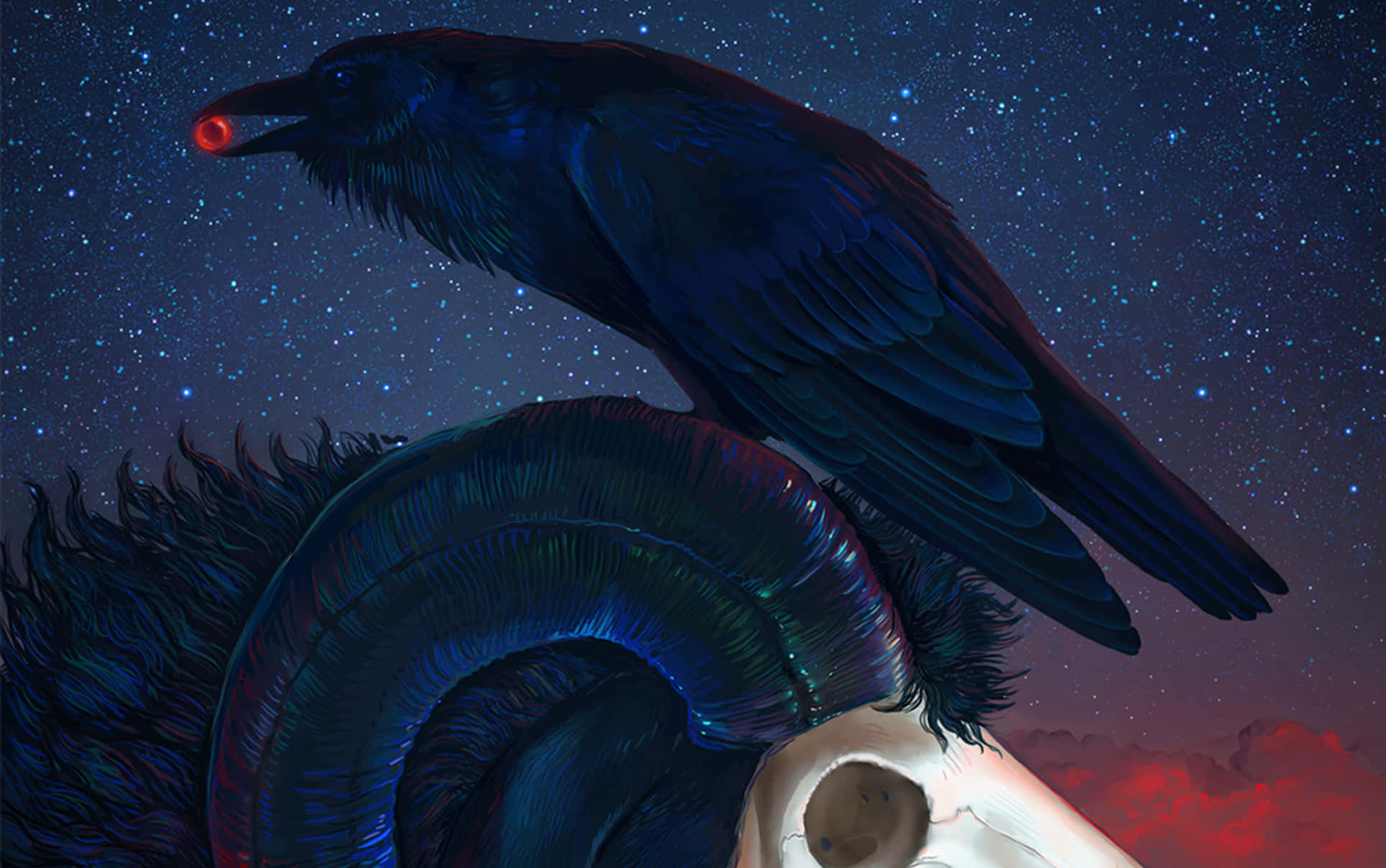 Occult 桌布 壁紙 — 一隻黑色烏鴉，眼睛發出紅光，棲息在公羊頭骨上，背景是繁星點點的夜空和火紅的雲彩。