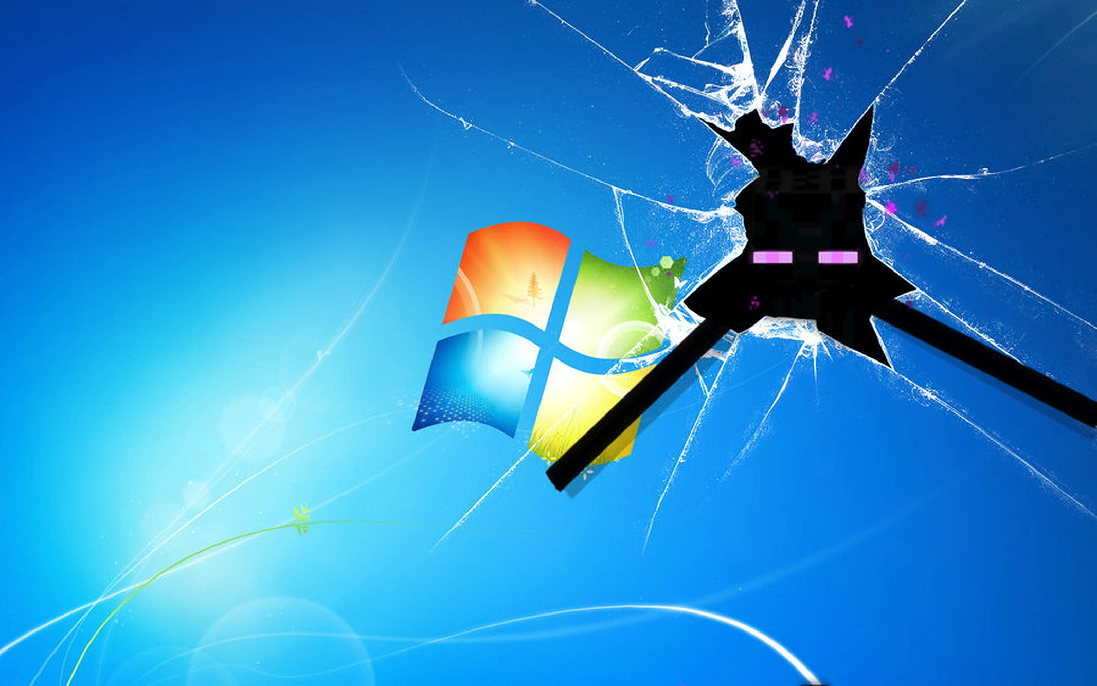 cracked 桌布 壁紙 — 一隻黑色的 Minecraft 終界使者穿過一塊破碎的玻璃窗，位於 Windows 標誌上方，背景為藍色漸變。