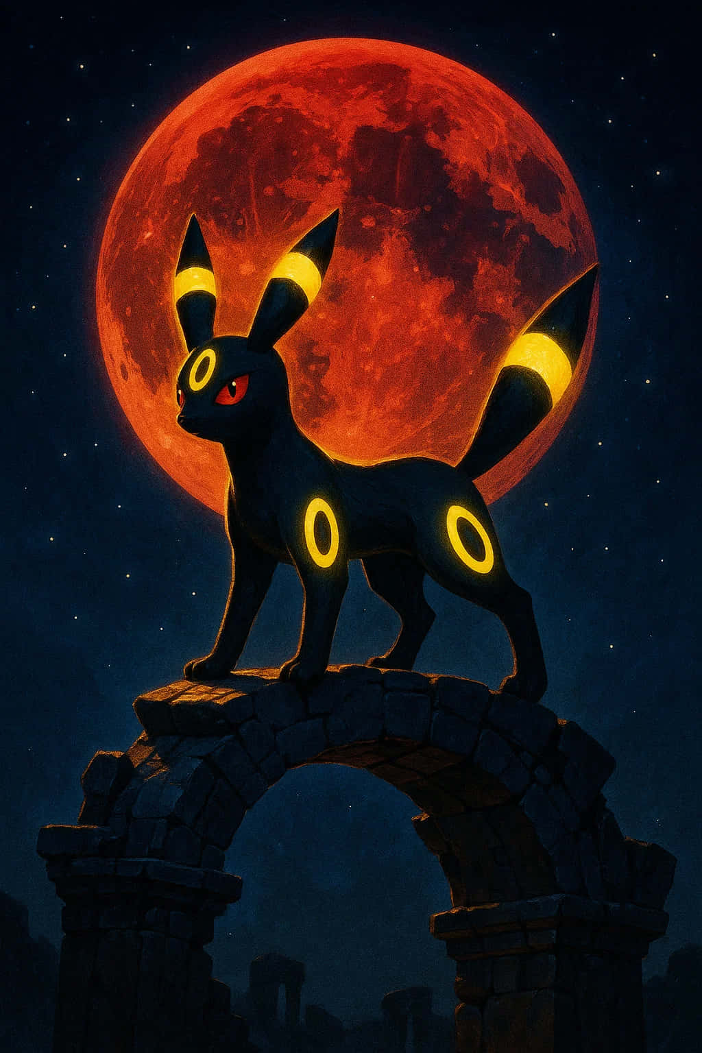 Umbreon Pokemon 4K HD Wallpaper WEBP MOBILE Backgrounds 壁紙 — 一隻黑色的寶可夢帶著發光的黃色環站在石拱門上，下方是一個巨大的血紅色月亮。
