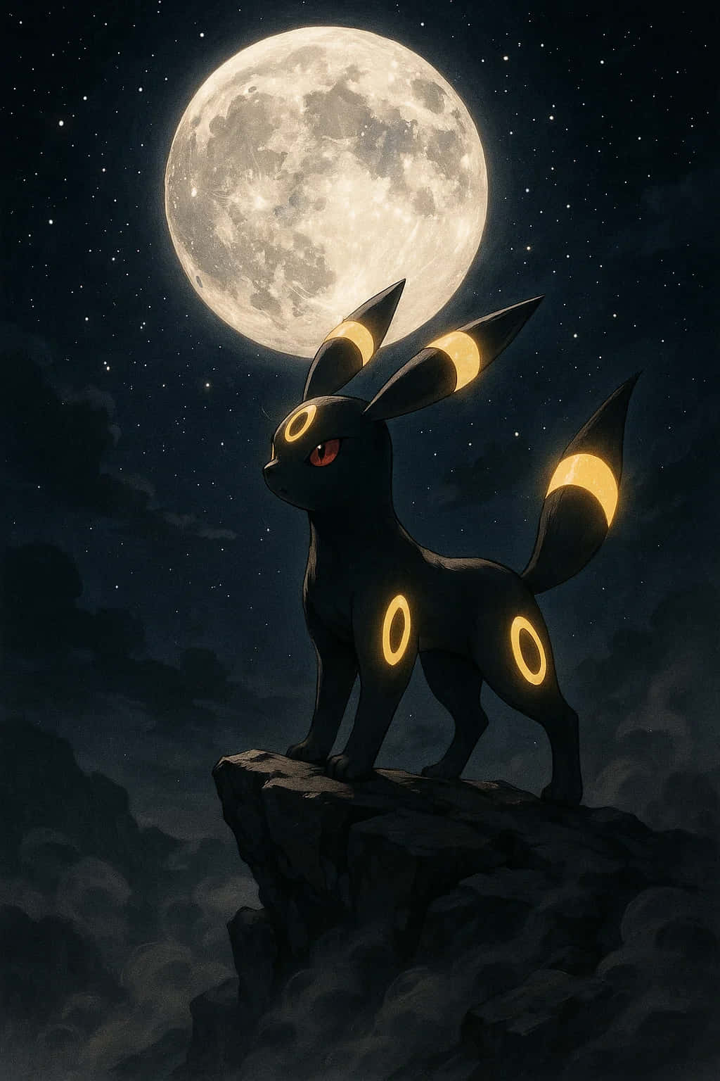 Umbreon Pokemon 4K HD Wallpaper WEBP MOBILE Backgrounds 壁紙 — 一隻黑色的月亮伊布（Umbreon）帶著發光的黃色環圈，站在岩石峭壁上，下方是滿天星斗的夜空中的巨大滿月。