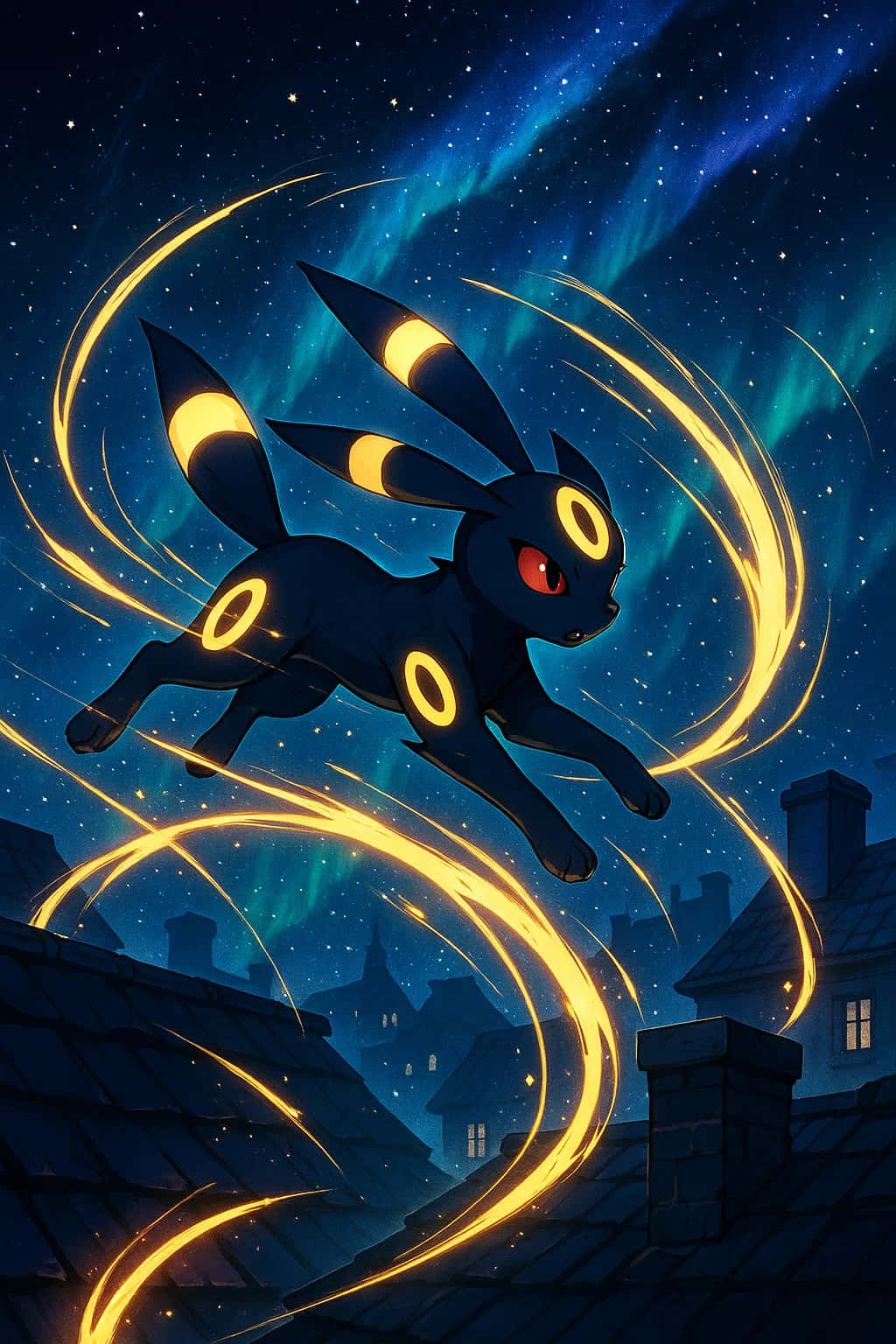 Umbreon Pokemon 4K HD Wallpaper WEBP MOBILE Backgrounds 壁紙 — 一隻黑色的月亮伊布帶著發光黃色環圈，在星空夜晚的屋頂上方跳躍，留下金色能量痕跡。