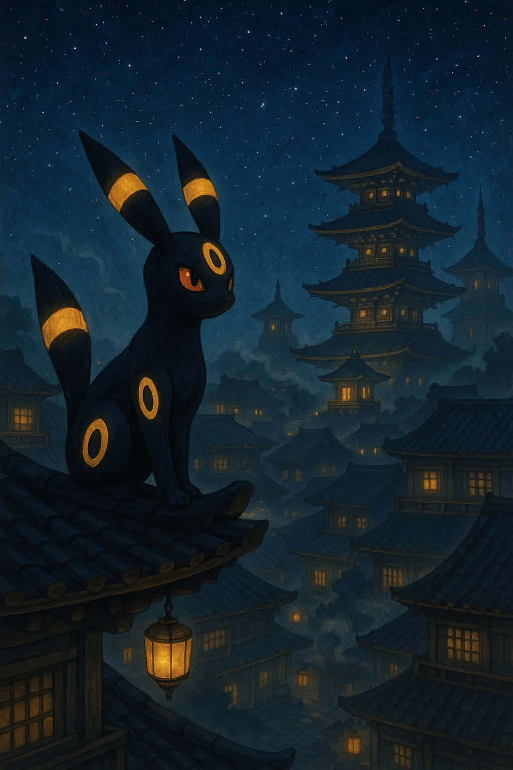 Umbreon Pokemon 4K HD Wallpaper WEBP MOBILE Backgrounds 壁紙 — 一隻黑色的月伊布，擁有發光的橙色眼睛，棲息在瓦片屋頂上，俯瞰著一個被溫暖燈籠照亮、霧氣瀰漫的日本村莊，背景是滿天星星的夜空。