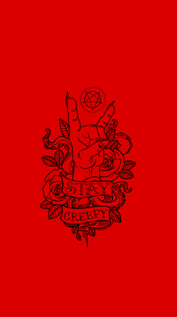 Witchy Phone 桌布 壁紙 — 一隻黑色線條藝術紋身風格的手比出和平手勢，被玫瑰和五角星包圍，背景為純紅色。